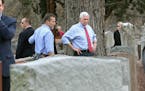 Missouri Gov. Eric Greitens and Vice President Mike Pence view some of the damage done at the Chesed Shel Emeth Cemetery in University City, Mo., on W
