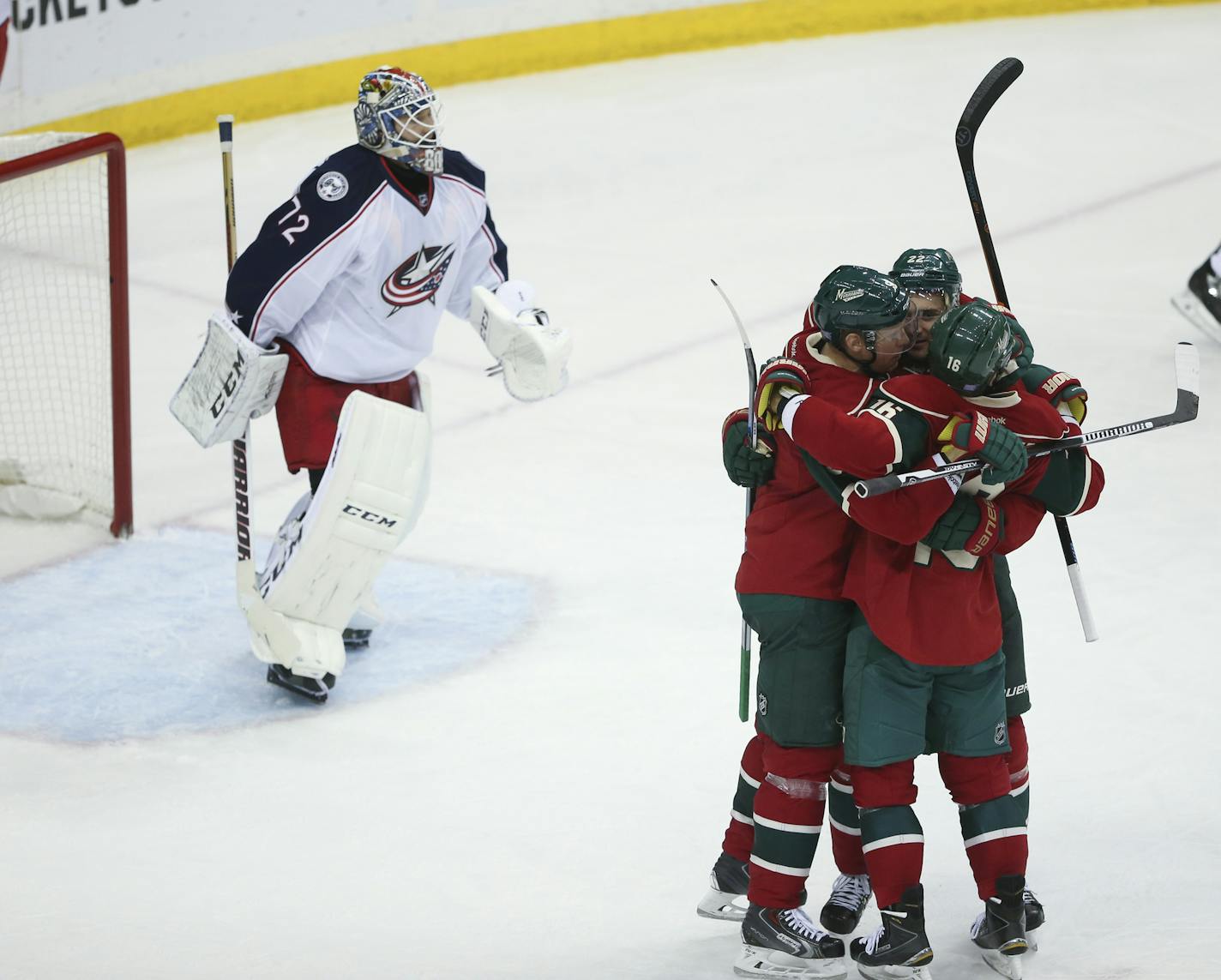 Minnesota Wild right wing Nino Niederreiter (22), center, celebrated his game tying goal with linemates Mikko Koivu (9) and Jason Zucker (16) in the second period Thursday night. ] JEFF WHEELER &#xef; jeff.wheeler@startribune.com The Minnesota Wild hosted the Columbus Blue Jackets in an NHL game Thursday night, October 22, 2105 at Xcel Energy Center in St. Paul.