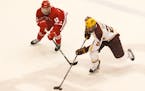 Wisconsin's Grant Besse (12) and Minnesota's Darian Romanko (26) chase after the puck during the first period