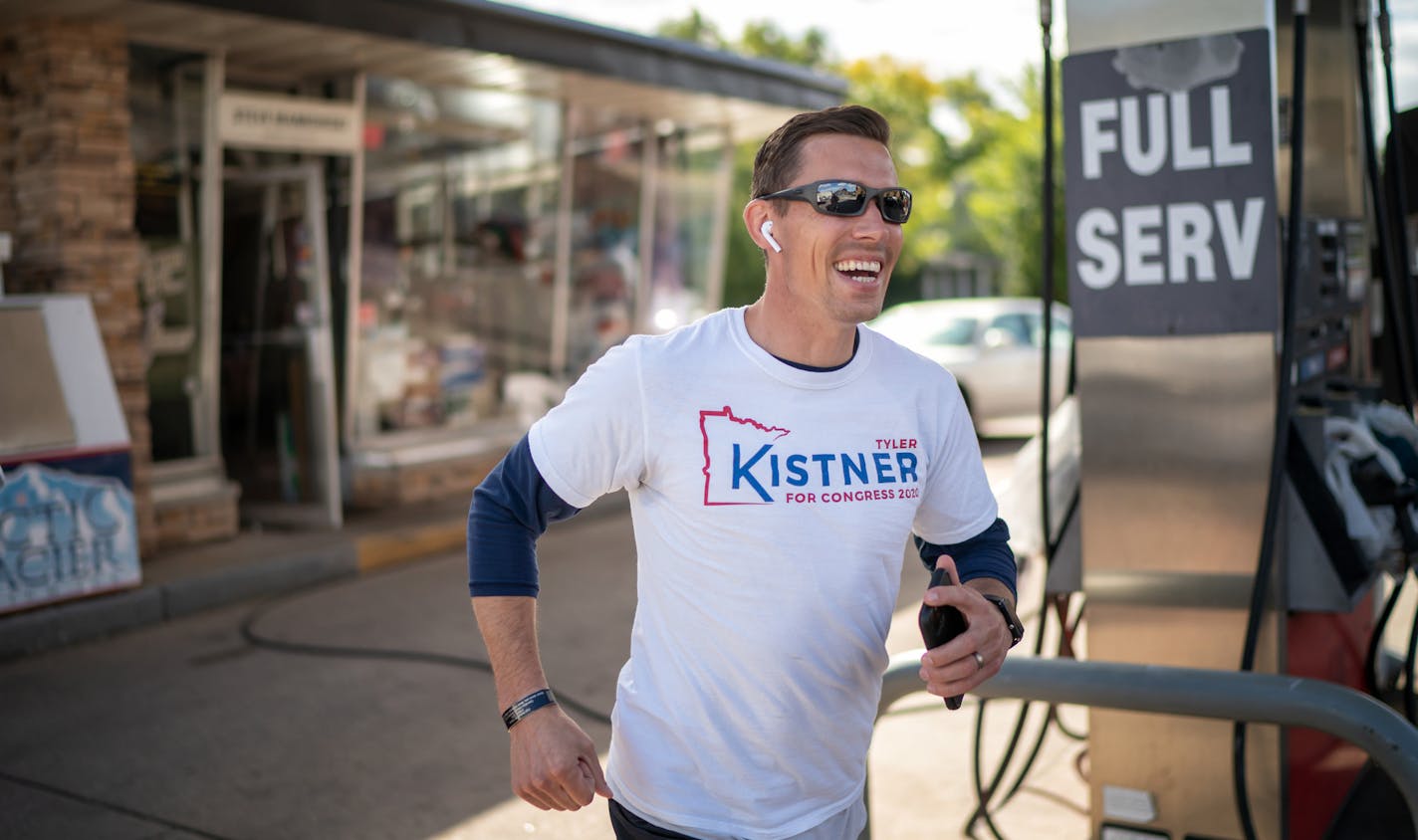 Tyler Kistner, left the Southview 66 gas station on his way to Illetschko's Meats, about a mile away, in South St. Paul. Kistner, the Republican candidate for CD2 is literally running through the district. ] GLEN STUBBE • glen.stubbe@startribune.com Wednesday, September 16, 2020 Profile of CD2, classic suburban swing district that Trump won in 2016 but which DFLer Angie Craig flipped blue in the 2018 Democratic wave. Republicans are now putting a lot of money and firepower behind a challenge by