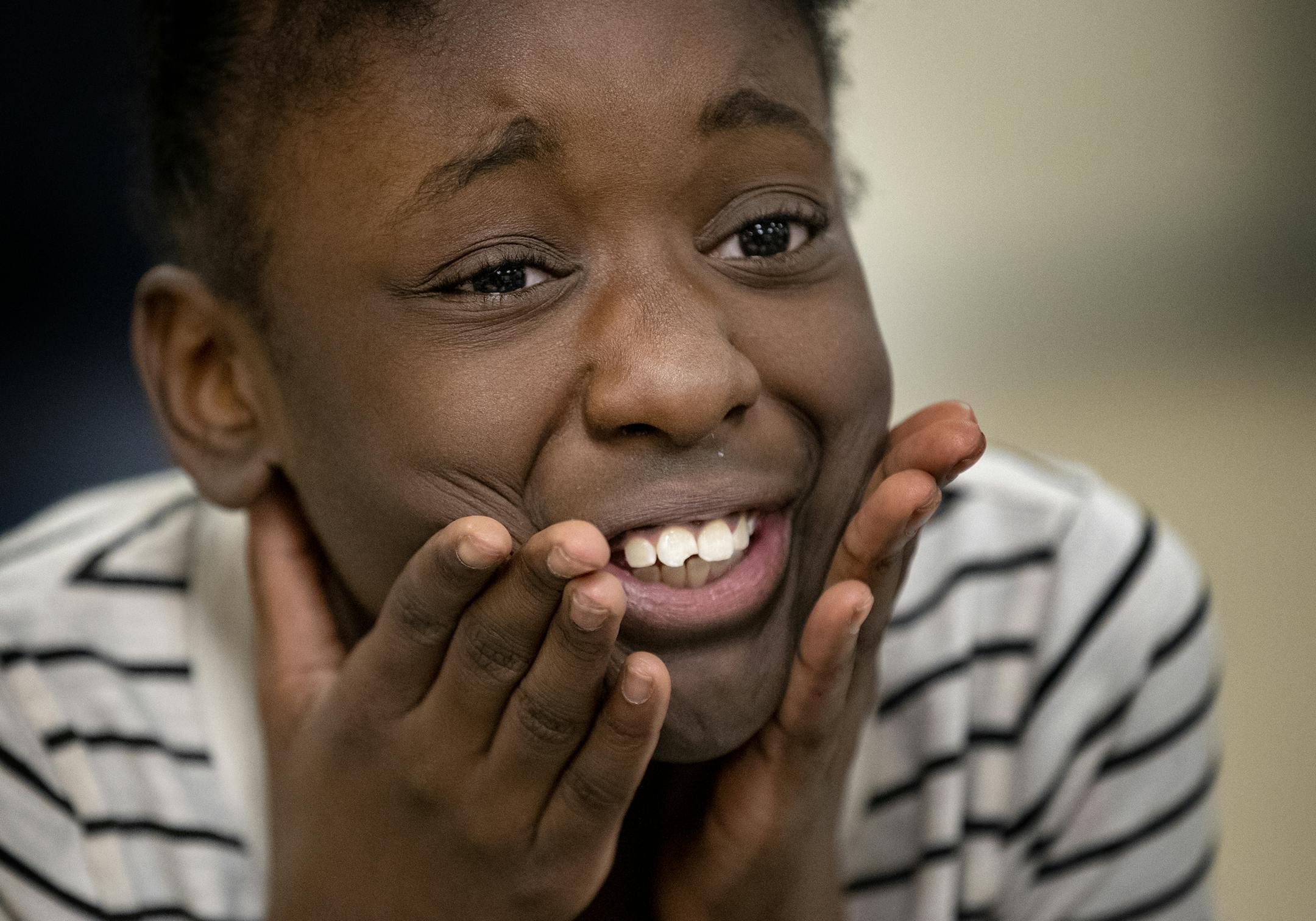 Ahrinah Cain, 12, expressed a facial emotion during an improv class at United Community School. ] CARLOS GONZALEZ ï cgonzalez@startribune.com ñ November 13, 2018, Minneapolis, MN, United Community School, Keren Gudeman started a new nonprofit that works with kids and parents. It's half improv and half a makers space. Libraries and schools are already booking her.