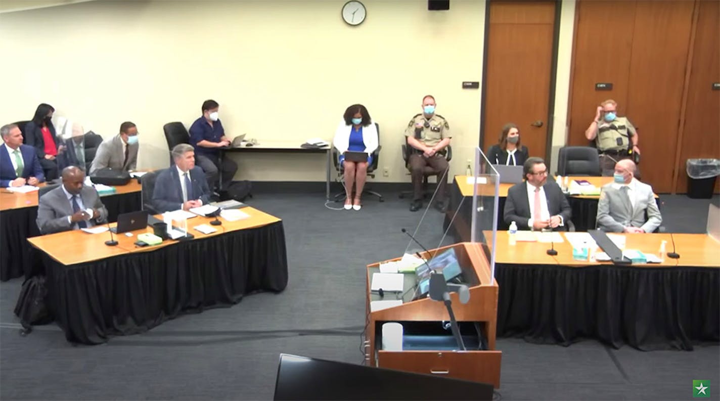 Overview of the courtroom at the start of Derek Chauvin's sentencing hearing, Friday June 25, 2021.