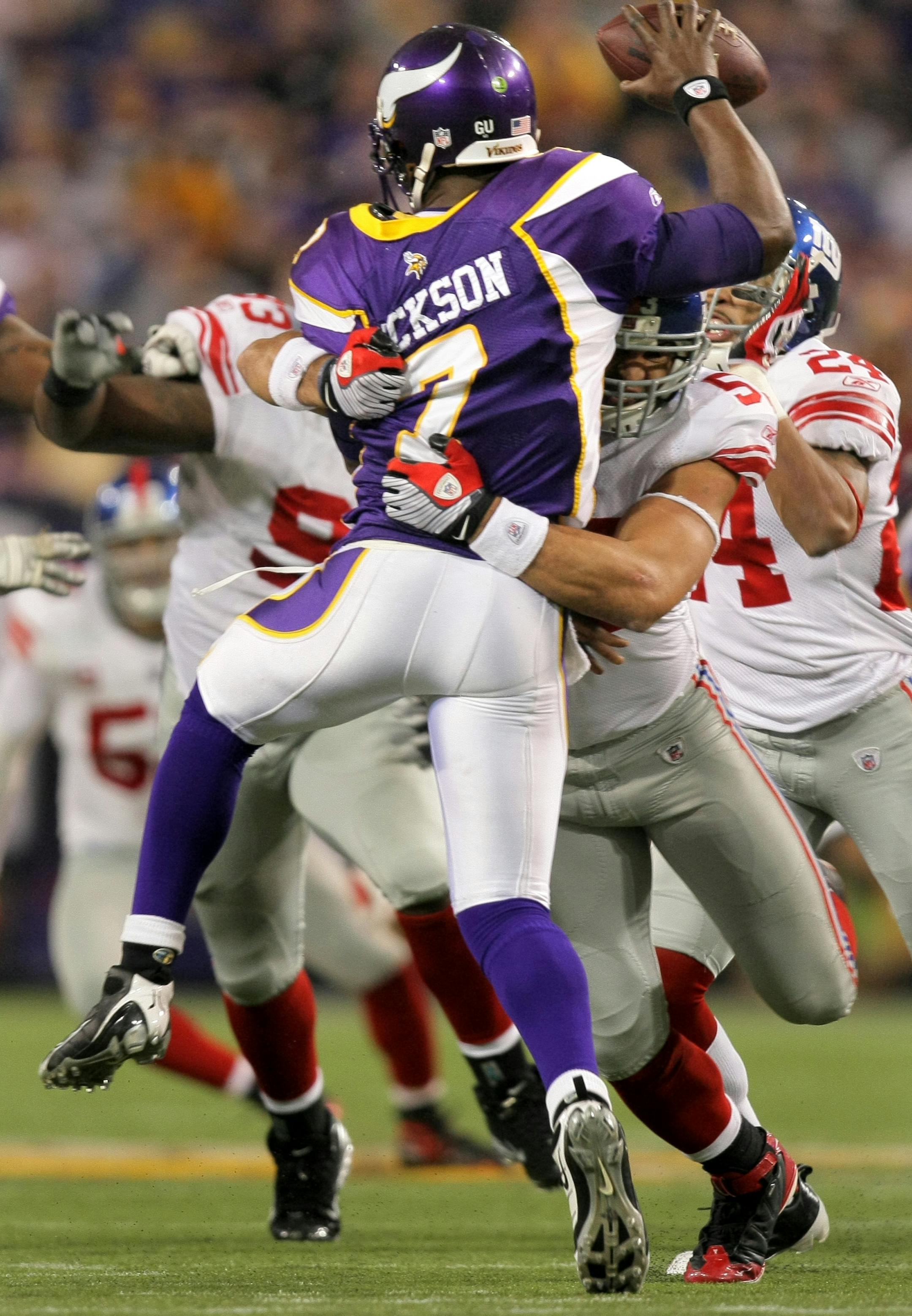 Vikings quarterback Tarvaris Jackson was sacked in the second quarter by Bryan Kehl.