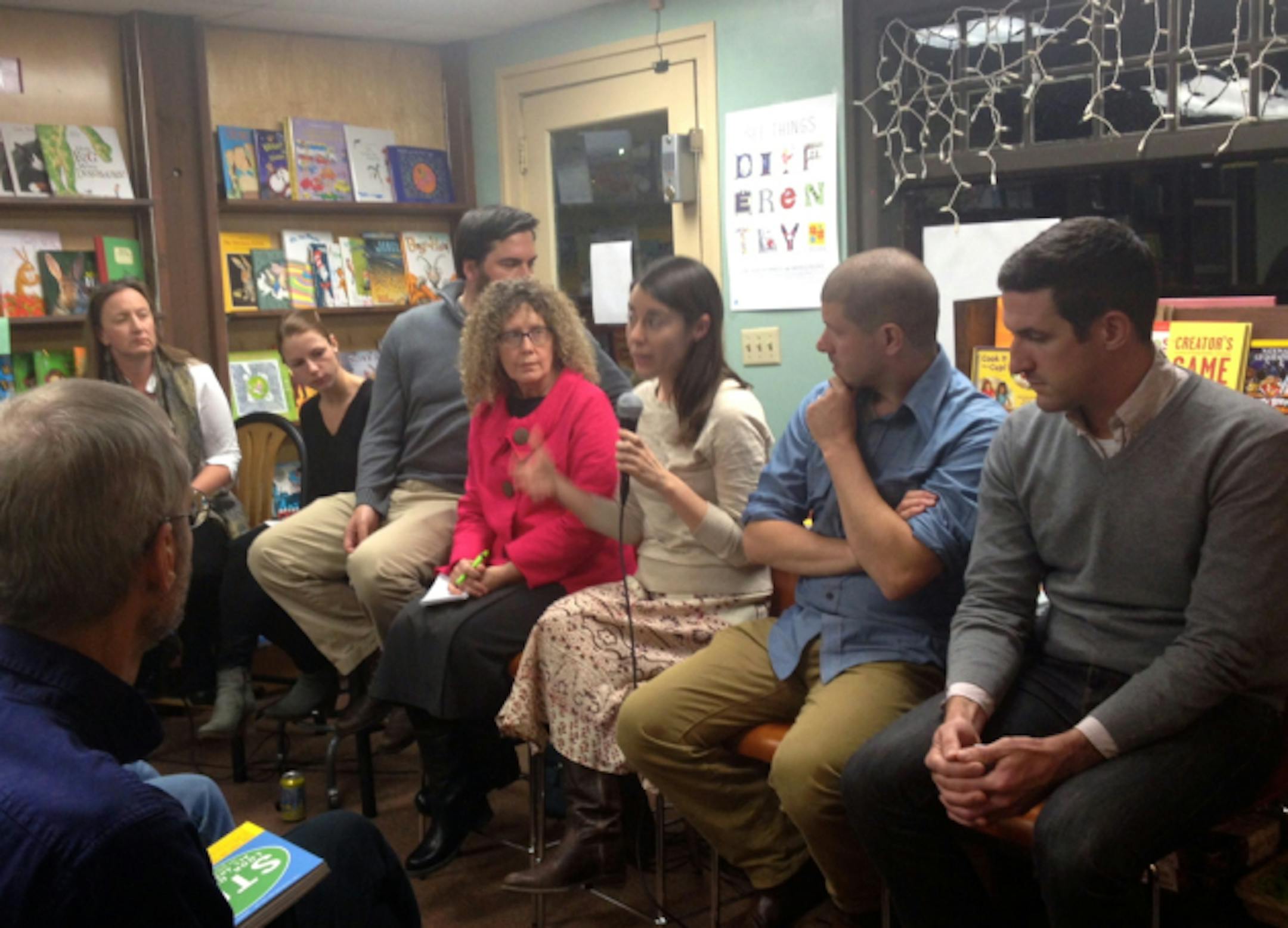 Marianne Combs, Katie Eggers, Guy Eggers, Laurie Hertzel, Caroline Casey, Hans Weyandt and Patrick Thomas discuss the future of reading in a digital age at Micawber's Bookstore in St. Paul. Photo by Kristi Fuller.