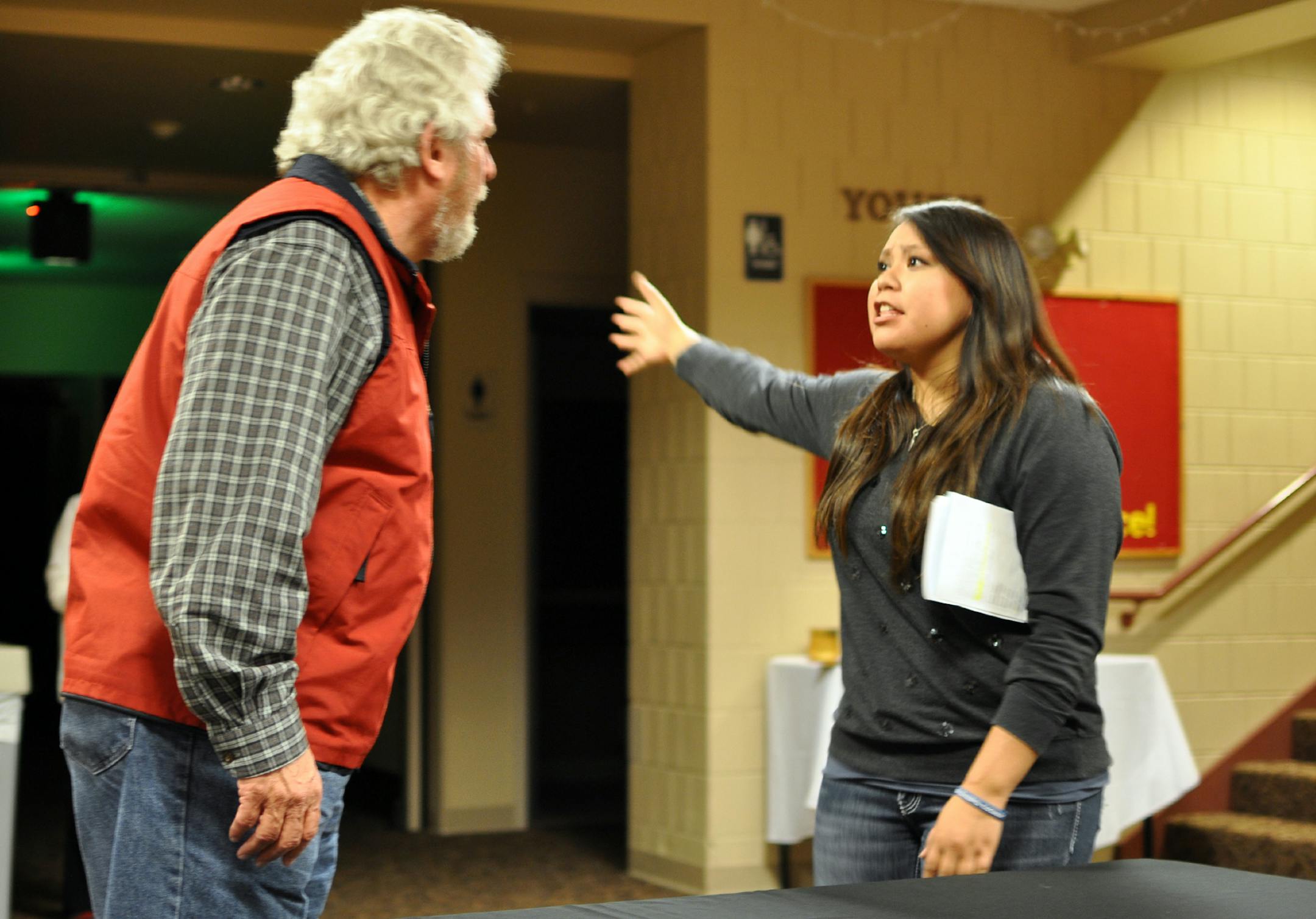 Photo by Liz Rolfsmeier Ken Coy, of Inver Grove Heights, and Vanessa Goodthunder, of Eagan, rehearse at St. Thomas Becket Catholic Church for the Eagan Theater Company’s upcoming production of “B-I-N-G-O Spells Murder.”