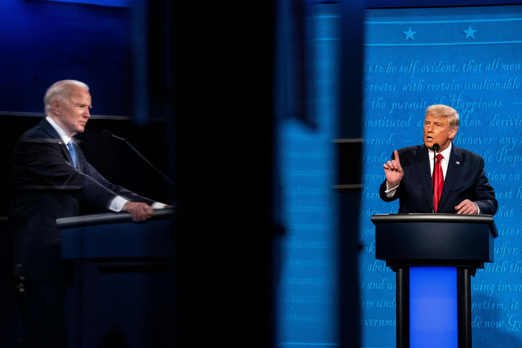 President Donald Trump and Democratic presidential nominee Joe Biden speak during the final presidential debate at Belmont University in Nashville, Tenn., Oct. 22, 2020. Journalists at The Wall Street Journal were skeptical about a story about the business dealings of BidenÕs son, Hunter, presented by three close allies of the president. (Erin Schaff/The New York Times)