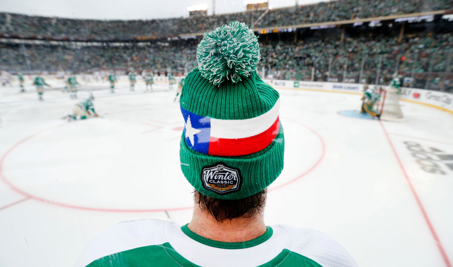 Dallas Stars right wing Alexander Radulov wears a Texas Winter Classic stocking cap during warmups before their outdoor Winter Classic game with the Nashville Predators at the Cotton Bowl