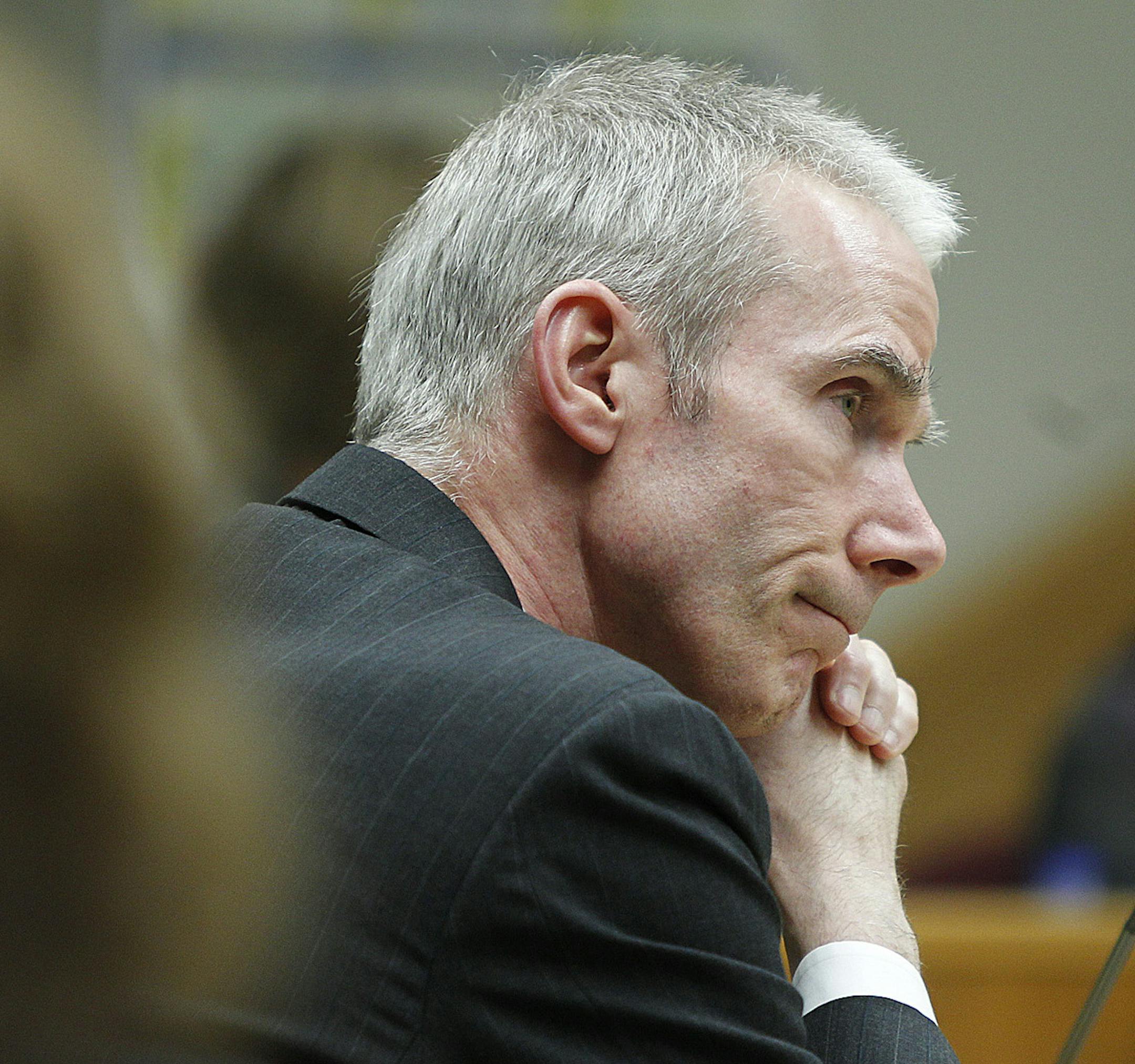 State Prosecutor Gary Freyberg reacted after jurors rejected Aaron Schaffhausen's insanity defense in a St. Croix County Courtroom in Hudson, Wis., Tuesday, April 16, 2013. (ELIZABETH FLORES/STAR TRIBUNE) ELIZABETH FLORES • eflores@startribune.com