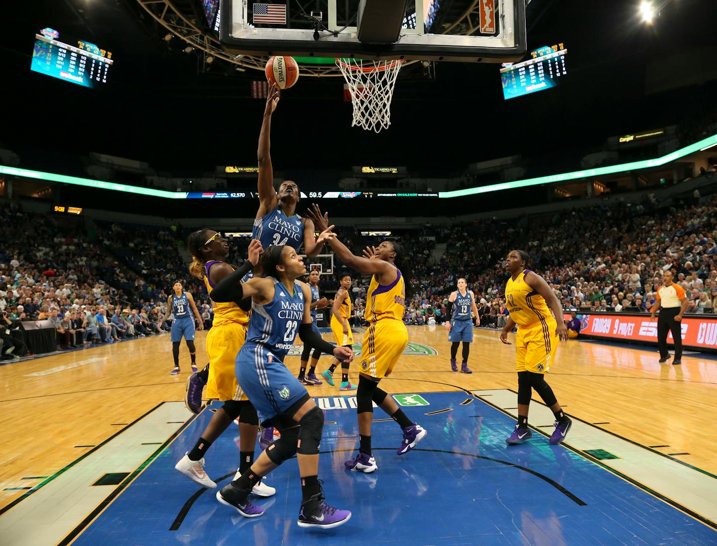 Minnesota Lynx center Sylvia Fowles (34) scored late in the fourth quarter. She finished with 13 points in the Game 2 victory over LA.