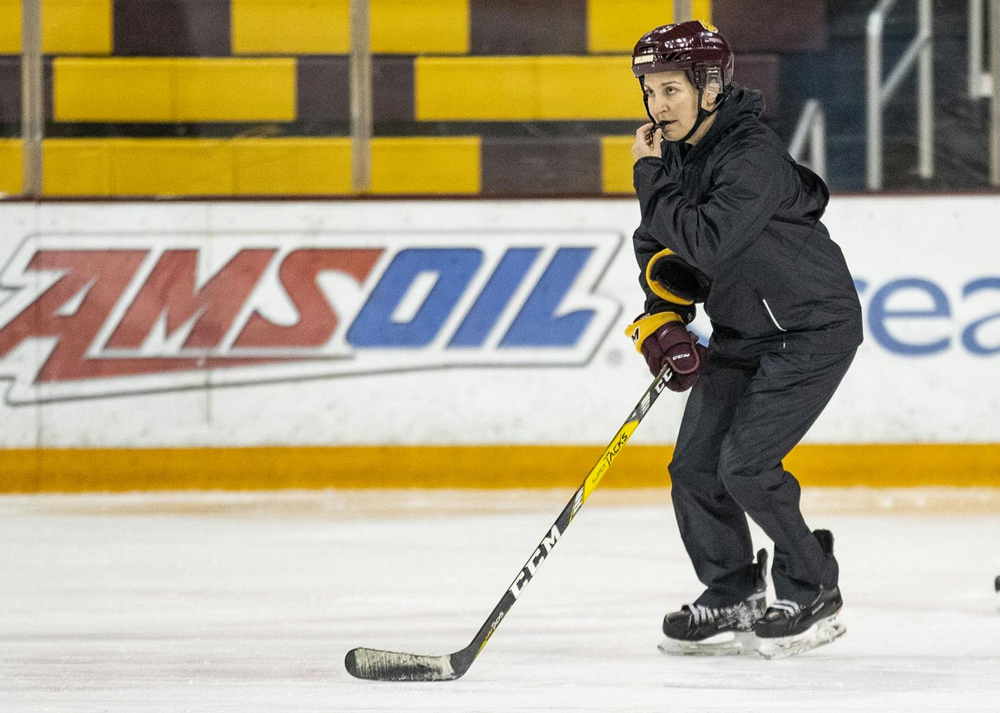 UMD women's hockey head coach Maura Crowell skated towards center ice during practice on Tuesday October 29, 2019. ]
ALEX KORMANN &#x2022; alex.kormann@startribune.com A profile of the current women's hockey coach at UMD as she starts her fifth season with the program under the shadow of her litigious and successful predecessor.