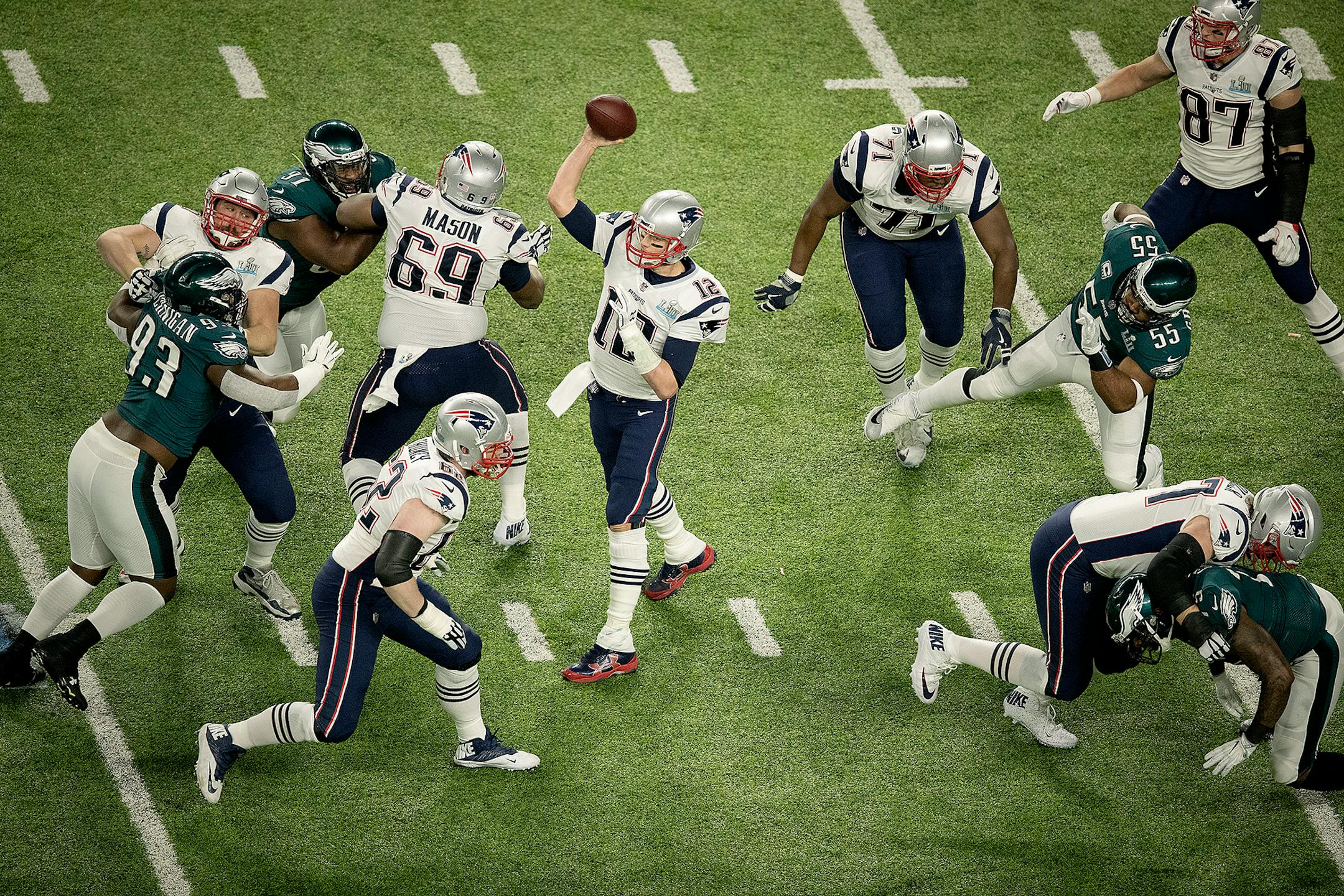 New England quarterback Tom Brady threw a pass during his team's opening drive vs. the Philadelphia Eagles in Super Bowl LII in Minneapolis