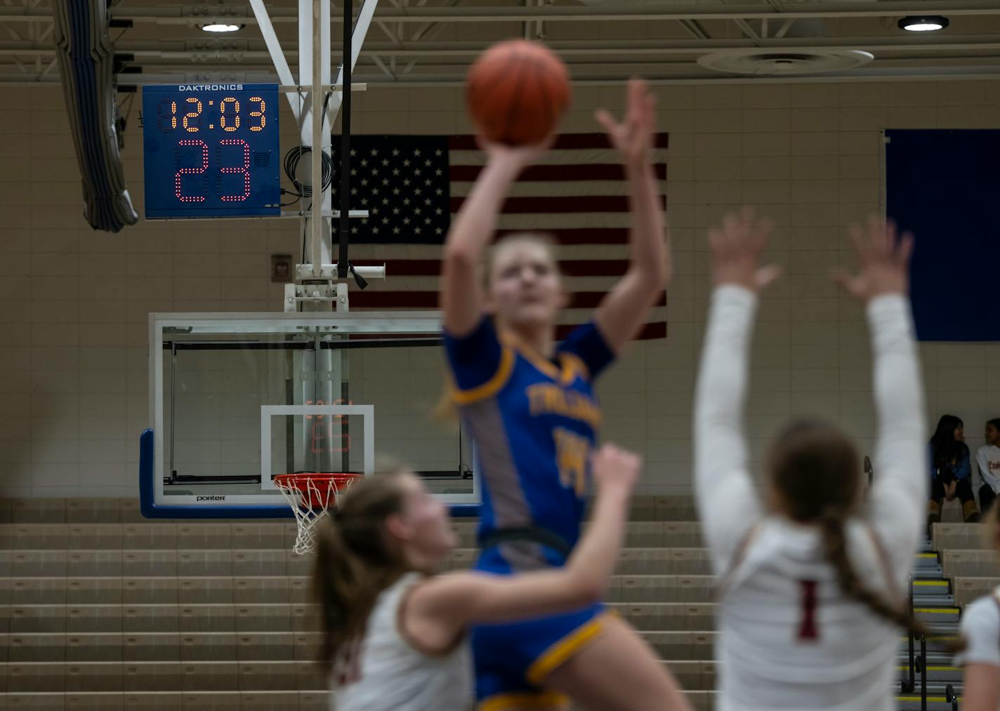 The shot clock is a new feature of prep sports and was ticking down during a girls basketball game between Wayzata and Maple Grove at Wayzata High School on Tuesday, Nov. 28, 2023 in Plymouth, Minn. ] RENEE JONES SCHNEIDER • renee.jones@startribune.com