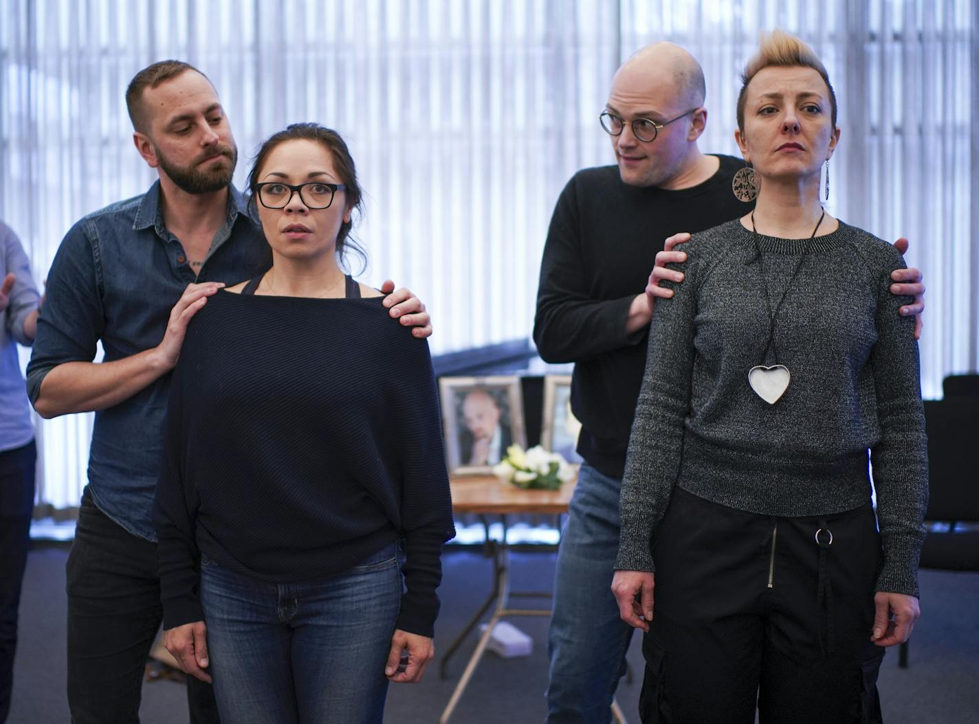 Tess Altiveros as Fiordiligi, left, and KrisAnne Weiss as Dorabella are confronted by their fiancees, Justin Spenner as Guglielmo, left, and Laurent Kuehnl as Ferrando just after they were tricked into marrying other other men in a second act scene in "Cosi fan tutte." Luke Williams as Alfonso, far left, was partly behind the plot. ] JEFF WHEELER &#x2022; jeff.wheeler@startribune.com Skylark Opera Theatre is in rehearsals for their production of Mozart's "Cosi fan tutte" at the First Unitarian S