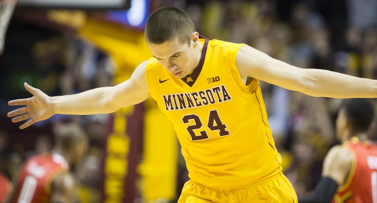 Joey King celebrated a three point shot during the first half. ] RENEE JONES SCHNEIDER &#x2022; reneejones@startribune.com The Minnesota Gophers hosted the Maryland Terrapins at Williams Arena at the University of Minnesota on Thursday, February 18, 2016, in Minneapolis, Minn.