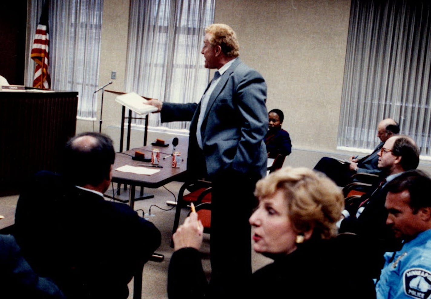 October 2, 1989 Mpls City hall room 319...anti cruising ordinance meeting...after meeting Tim Campbell started yelling at the committee before he left....in foreground is Barbara Carlson. Don Black, Minneapolis Star Tribune Campbell, Tim - Gay Rights Advocate Don Black