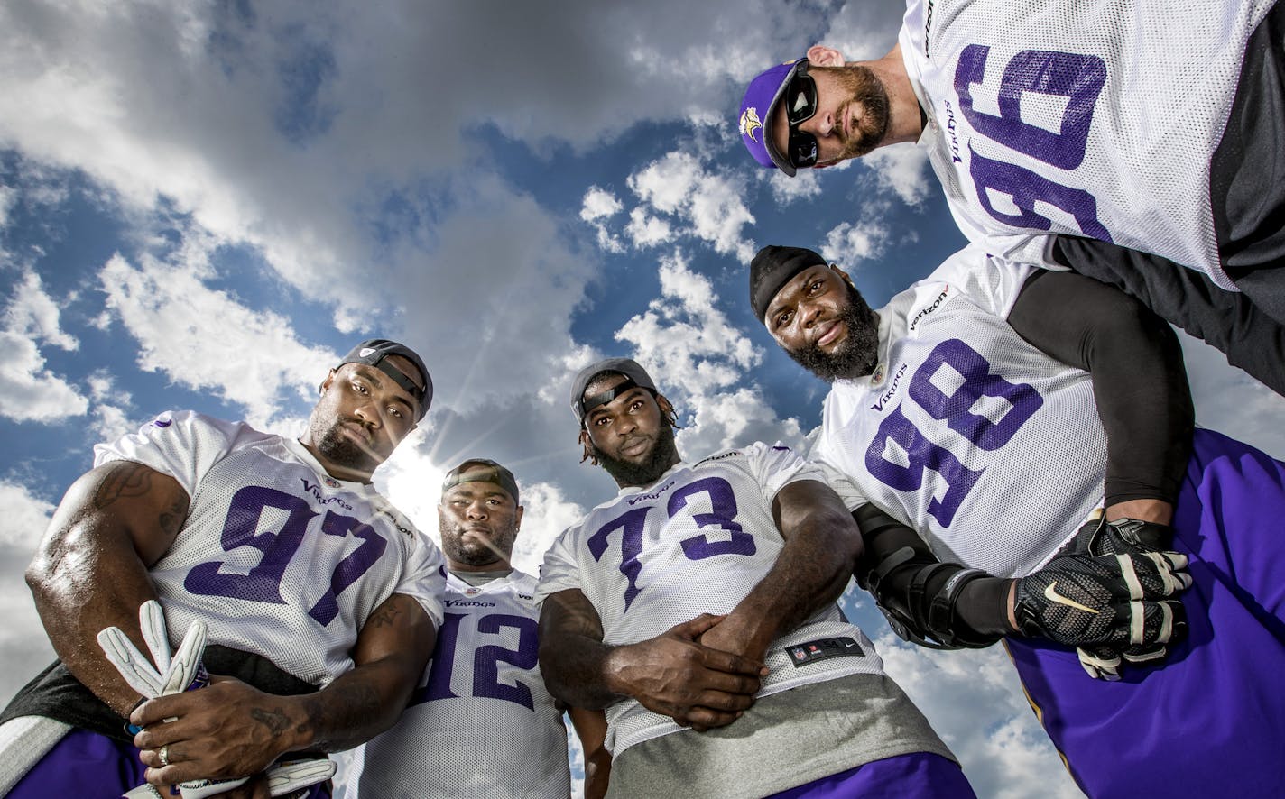 Minnesota Vikings defensive lineman Everson Griffen (97), Tom Johnson (92), Sharrif Floyd (73), Linval Joseph (98) and Brian Robison (96). ] CARLOS GONZALEZ cgonzalez@startribune.com - July / August, 2016, Mankato, MN, Minnesota State University, Mankato, Minnesota Vikings Training Camp