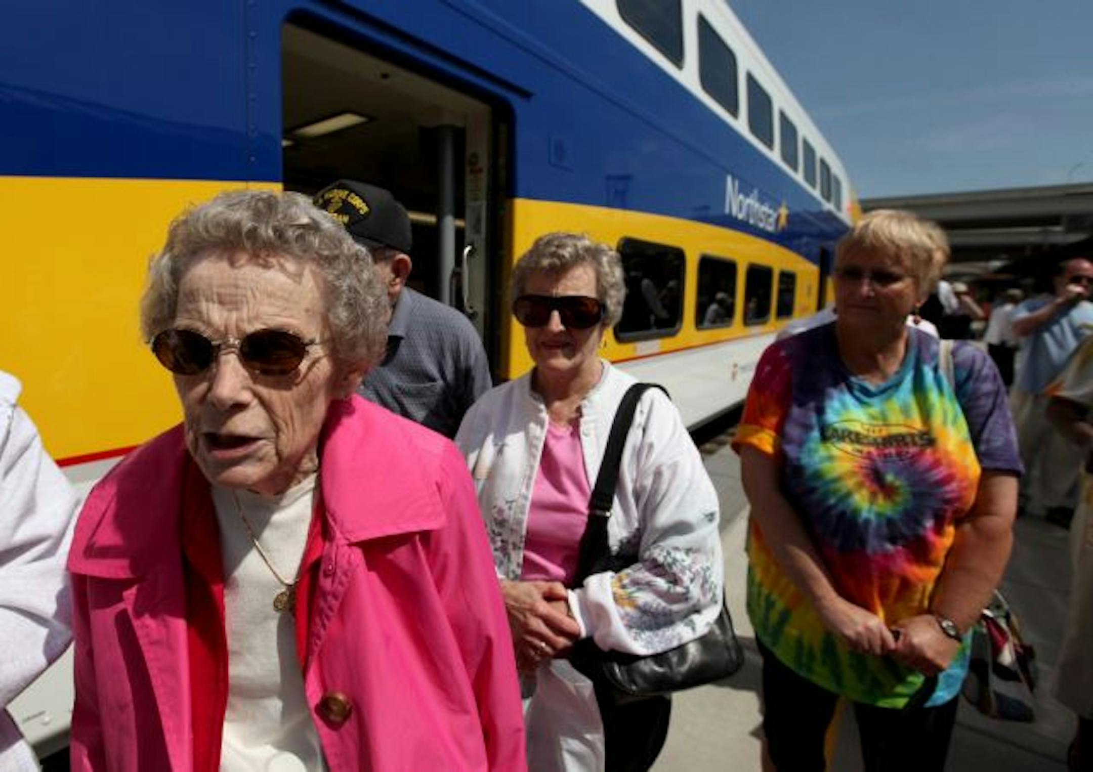 Donna Eddy led the Big Lake Seniors Group off the Northstar train at its stop near Target Field in Minneapolis.