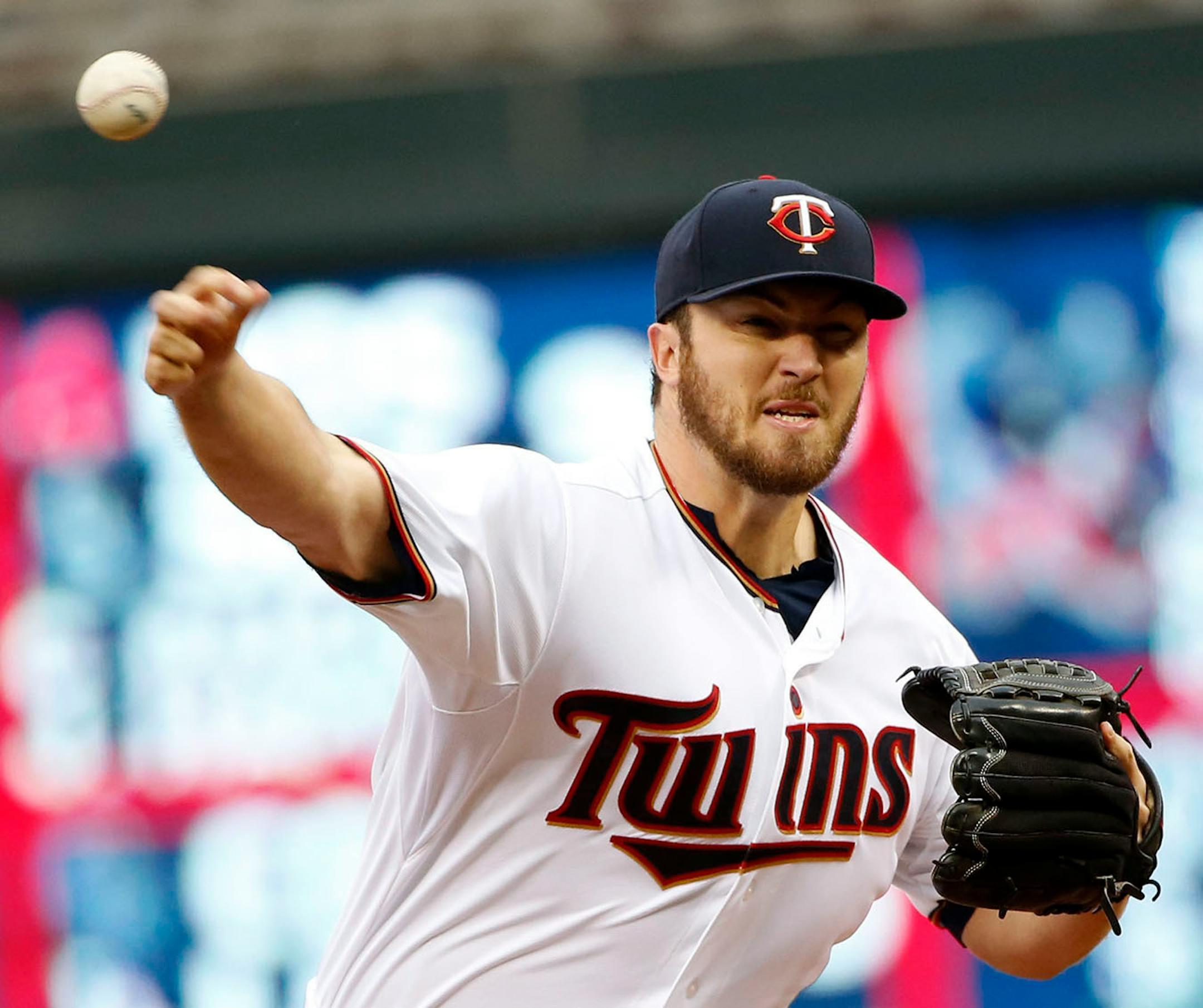 Minnesota Twins starter Phil Hughes fires a pitch during the first inning of their game with the Tampa Bay Rays at Target Field Friday, May 15, 2015, in Minneapolis, MN.