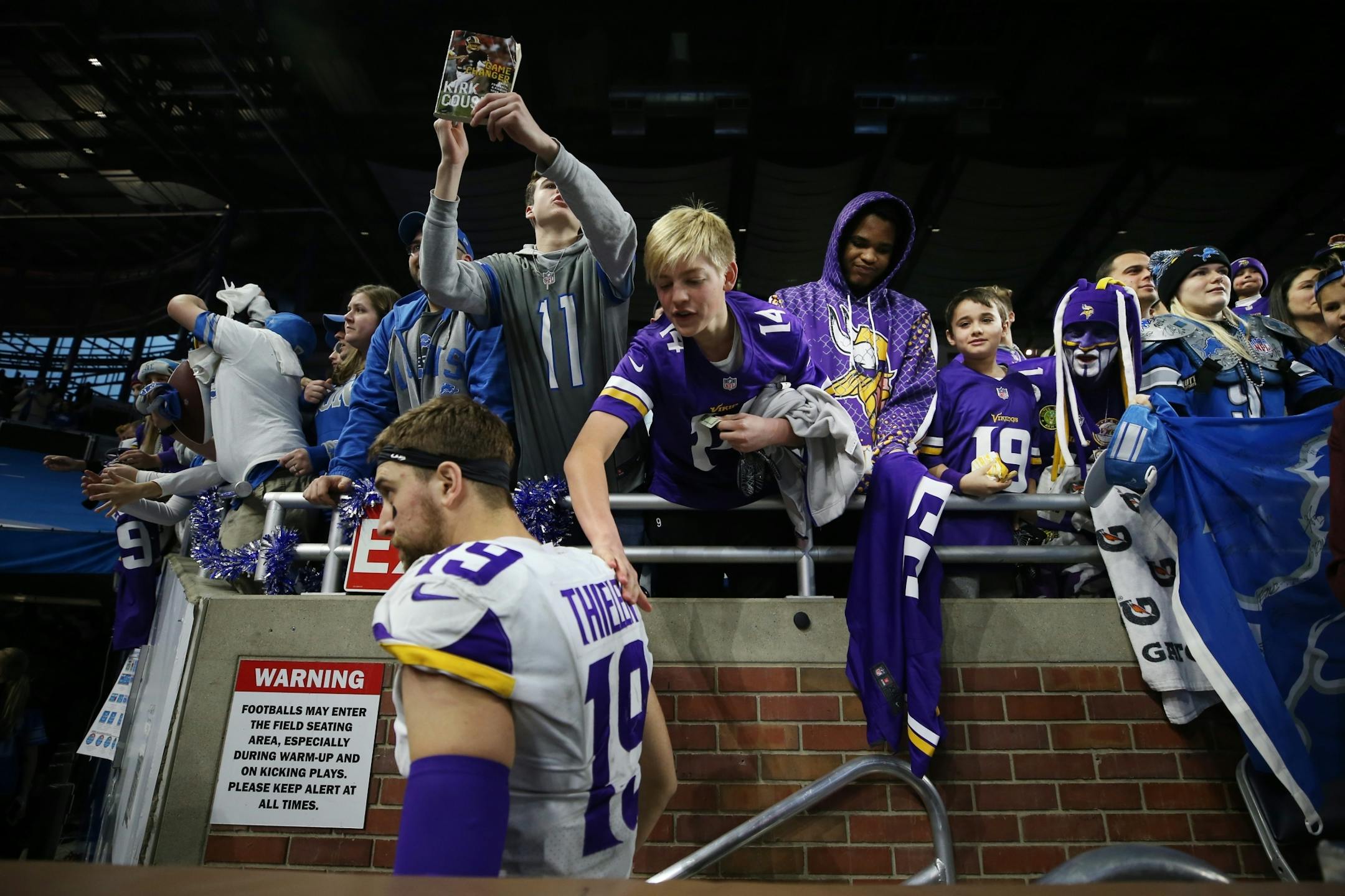 Minnesota Vikings wide receiver Adam Thielen (19) celebrated with fans at Ford Field Sunday December 23, 2018 in Detroit, MI.