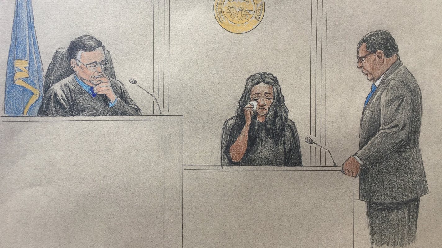 Diamond Reynolds, girlfriend of Philando Castile, tears up while testifying about the day Castile was killed by Officer Jeronimo Yanez. (Drawing by Cedric Hohnstadt)