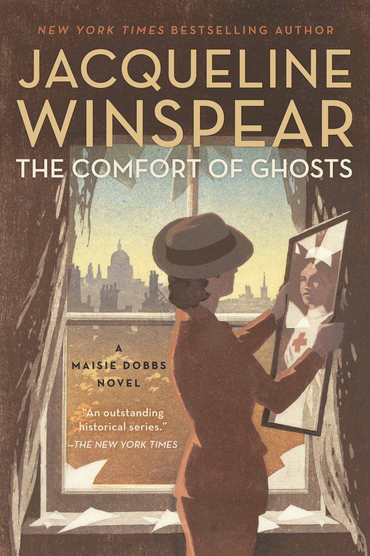 On the illustration on the cover of The Comfort of Ghosts, a woman examines a mirror