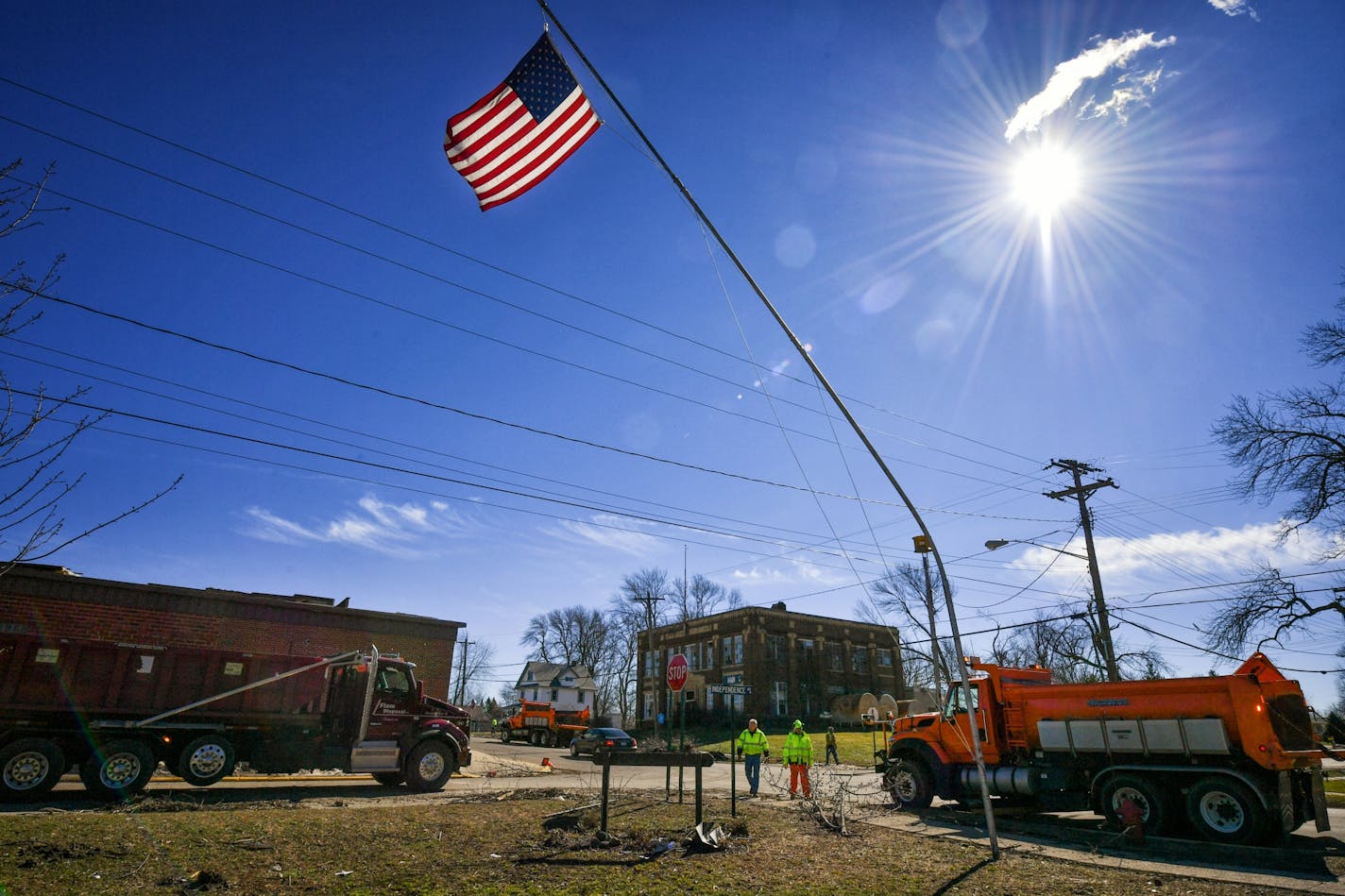 The flagpole in the center of town was bent sideways and the top of the water tower ladder was blown almost ninety degrees, separating from the bottom part of the access ladder.