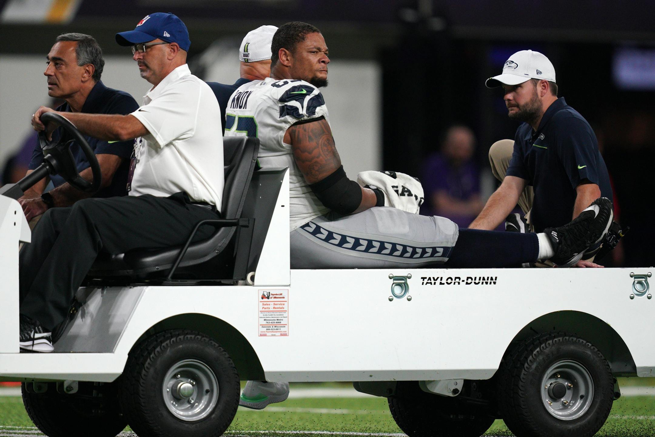 Seattle Seahawks offensive guard Demetrius Knox (63) was carted off the field with an injury in the second half.