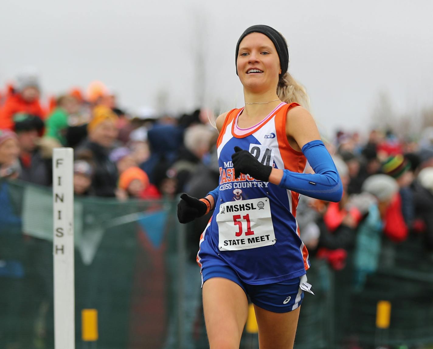 Emily Covert, a junior from Washburn High School won the girls' 2A cross country race. ] Shari L. Gross &#xef; shari.gross@startribune.com 4 races, action, team and individual celly
10 a.m. 2A girls
11 a.m. 2A boys
1 p.m. 1A girls
2 p.m. 1A boys