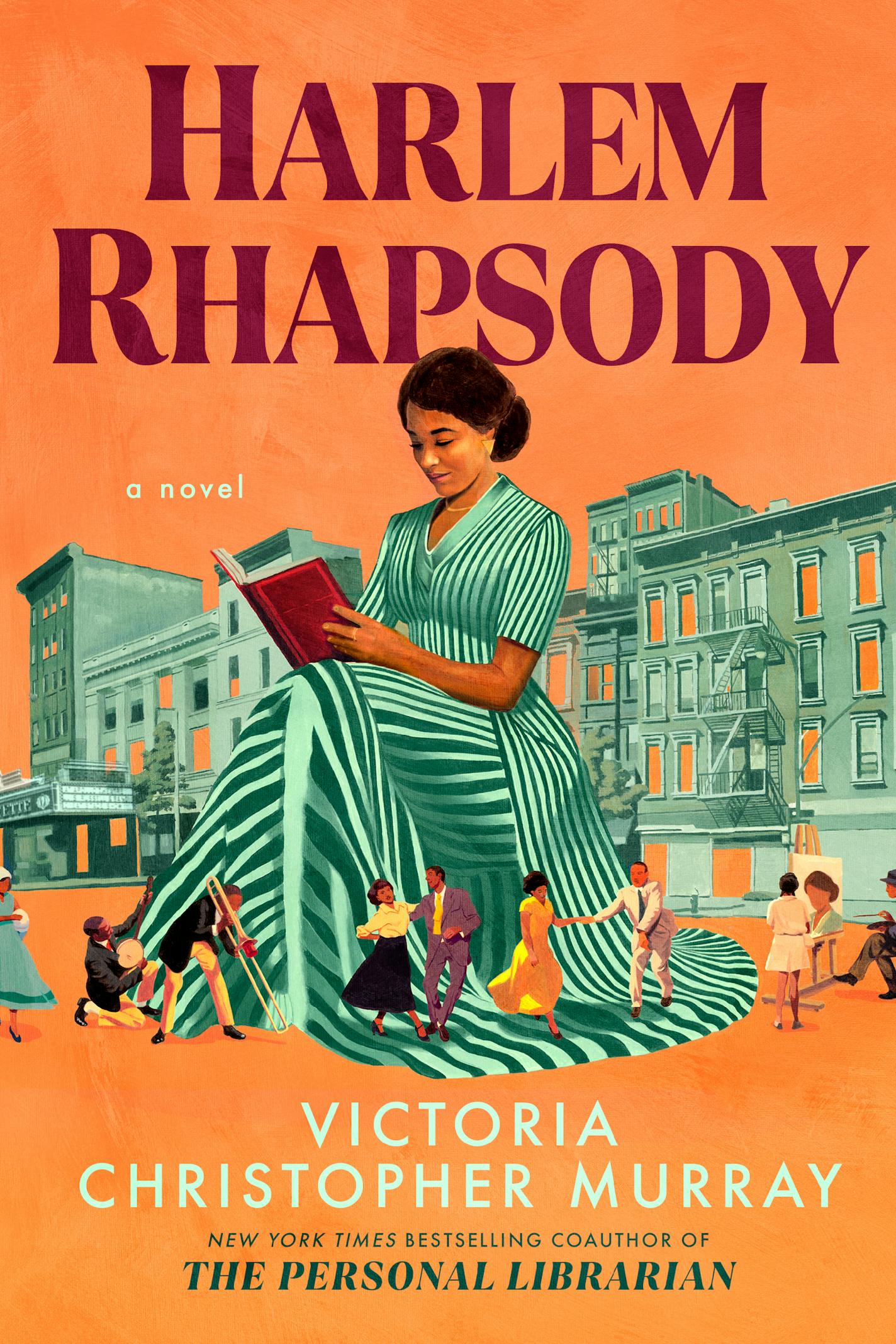 cover of Harlem Rhapsody is a painting that includes a woman reading a book, dancers and a street view of Harlem