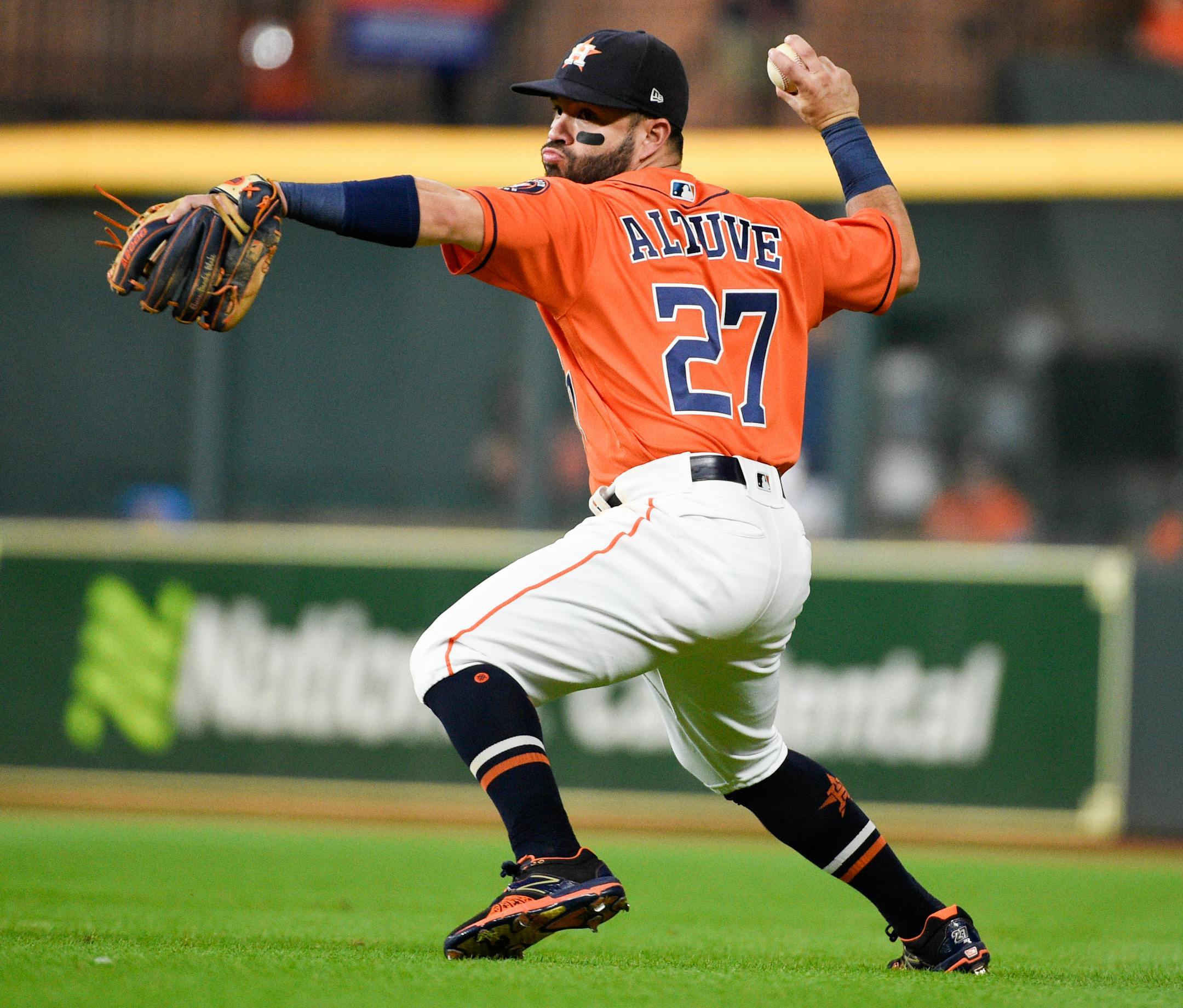 Houston Astros second baseman Jose Altuve throws out Los Angeles Angels' Brian Goodwin during the fifth inning of a baseball game Friday, Sept. 20, 2019, in Houston. (AP Photo/Eric Christian Smith)