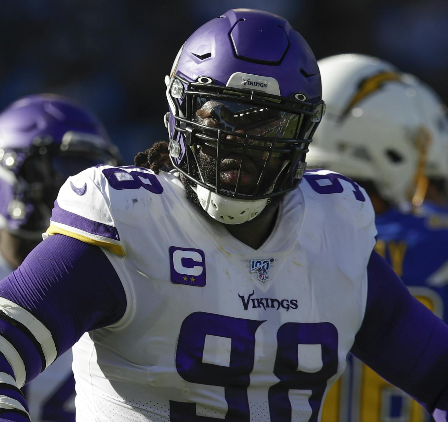 Minnesota Vikings defensive tackle Linval Joseph reacts during the first half of an NFL football game against the Los Angeles Chargers, Sunday, Dec. 15, 2019, in Carson, Calif. (AP Photo/Marcio Jose Sanchez) ORG XMIT: CAGB