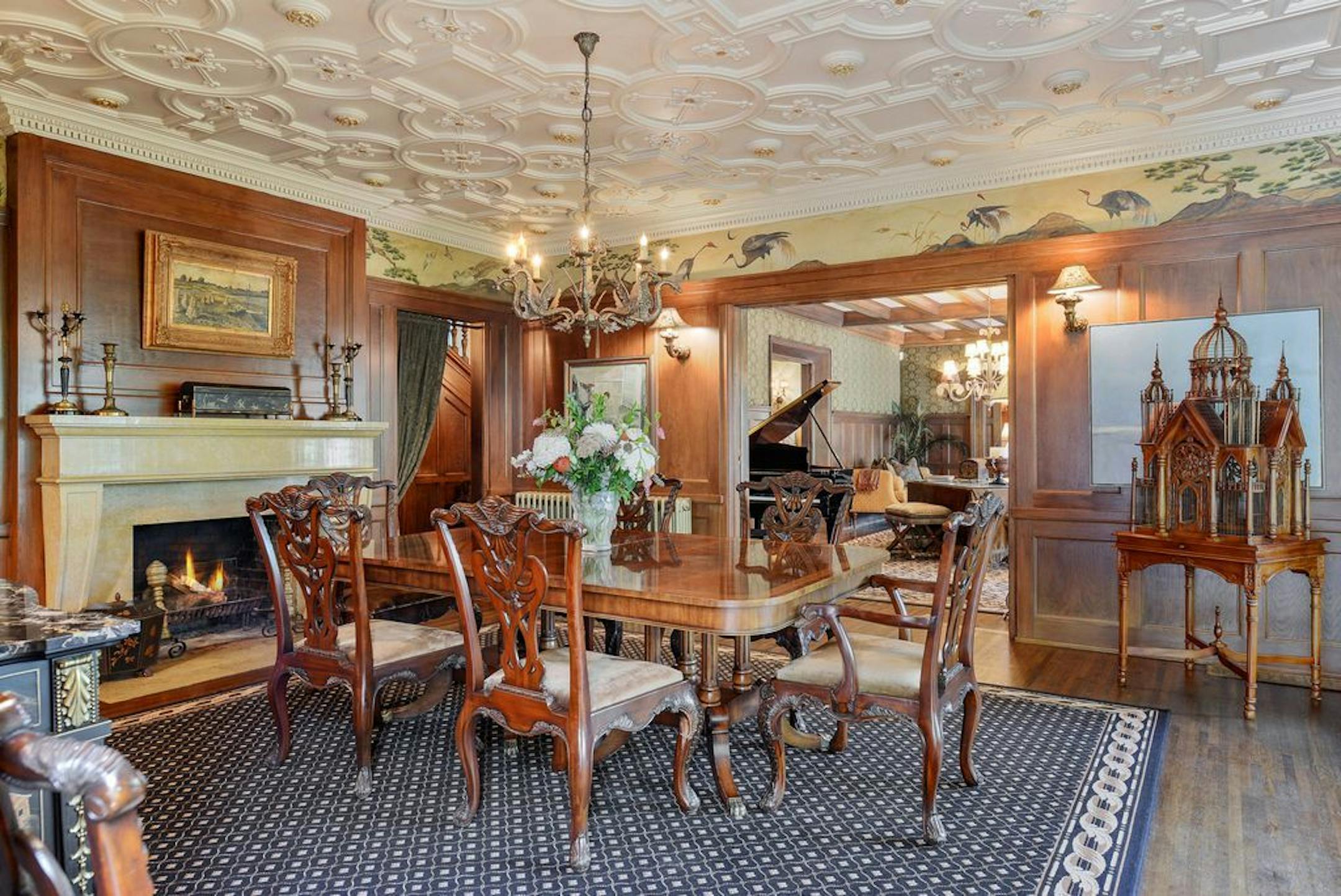The formal dining room also has a fireplace.