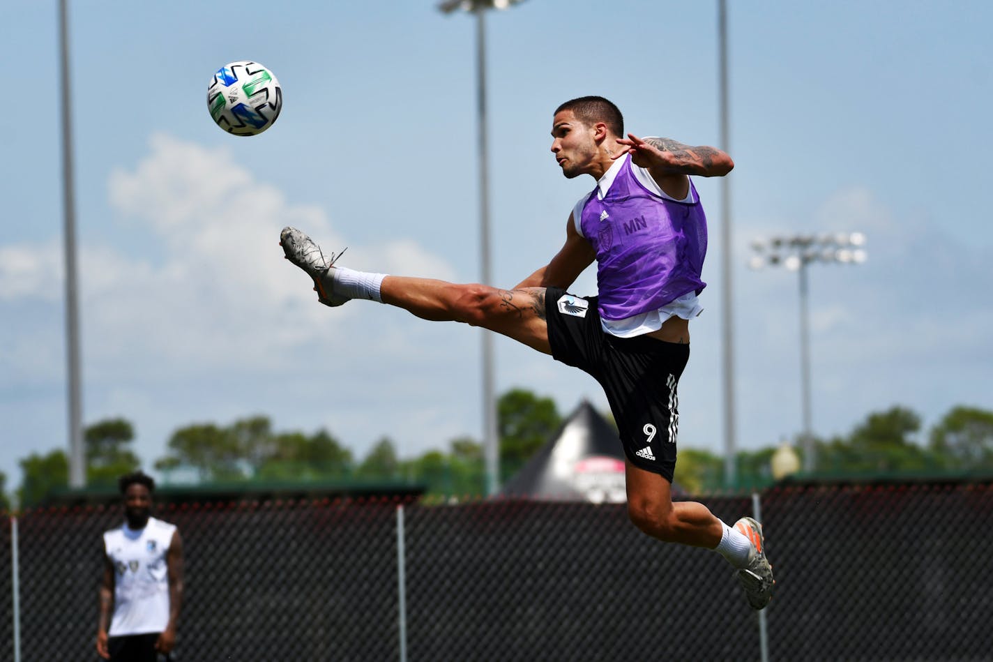 Minnesota United striker Luis Amarilla went high toward the hot Florida sky during training last Thursday at ESPN Wide World of Sports Complex at Walt Disney World in Orlando.