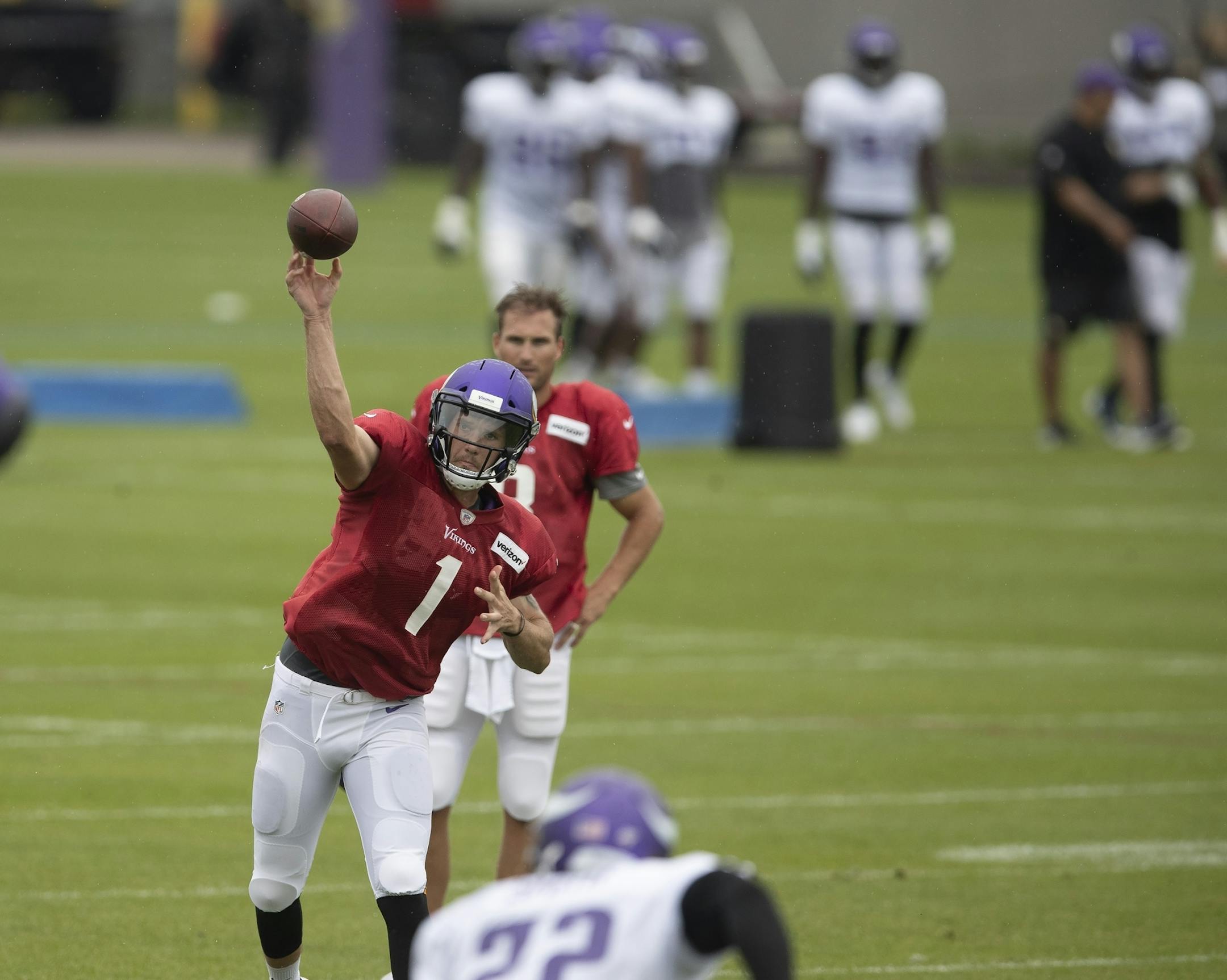 Minnesota Vikings quarterback Kyle Sloter (1) threw a pass during practice at TCO Performance Center on Sunday July, 28 2019 in Eagan, MN.