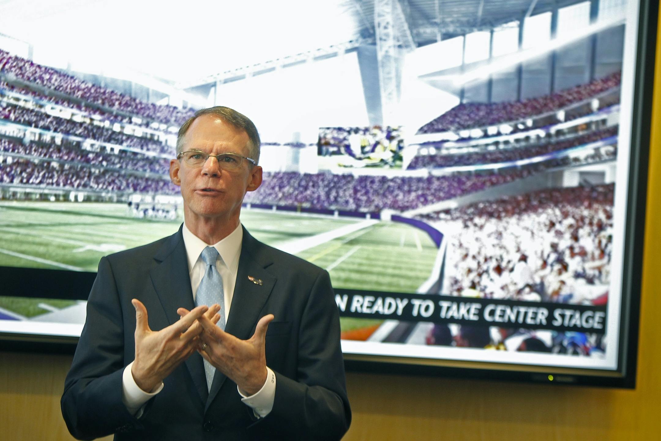 Richard Davis of U.S. Bancorp was one of three co-chairs who talked about what they have submitted to the NFL for a Super Bowl bid, Wednesday, May 7, 2014 in Minneapolis, MN.