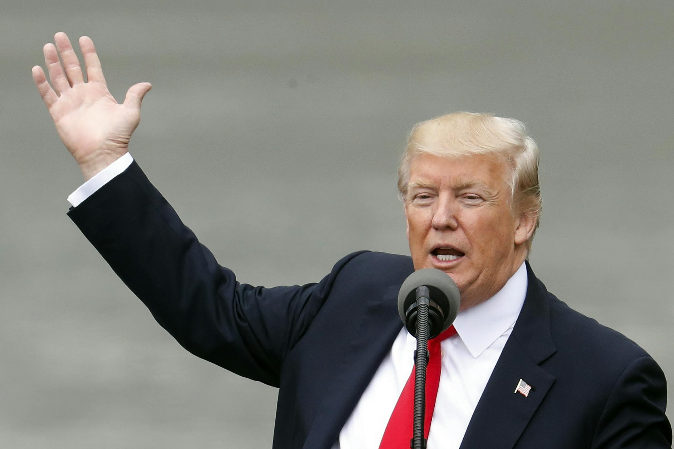 President Donald Trump speaks during a rally at the Rivertowne Marina, Wednesday, June 7, 2017, in Cincinnati. Trump promised to create a "first-class" system of roads, bridges and waterways by using $200 billion in public funds to generate $1 trillion in investment to pay for construction projects that most public officials agree are badly needed and long overdue. (AP Photo/John Minchillo)