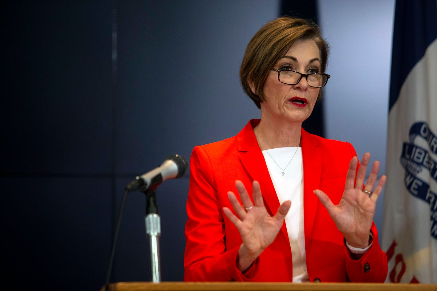 Iowa Gov. Kim Reynolds spoke to the press during a daily coronavirus briefing on Wednesday, April 8, 2020, at the State Emergency Operations Center in Johnston, Iowa.