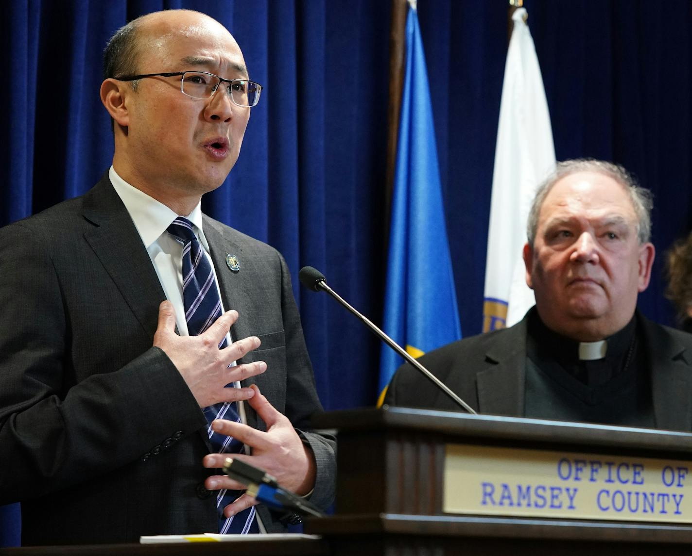 Ramsey County District Attorney Jon Choi stood with Archbishop Bernard Hebda during a press conference after submitting their final progress report on tightened clergy abuse protocols to a Ramsey County District judge Tuesday. ] ANTHONY SOUFFLE &#x2022; anthony.souffle@startribune.com Ramsey County District Attorney Jon Choi and Archdiocese officials held a press conference after the Archdiocese of St. Paul and Minneapolis submitted its final progress report on tightened clergy abuse protocols t