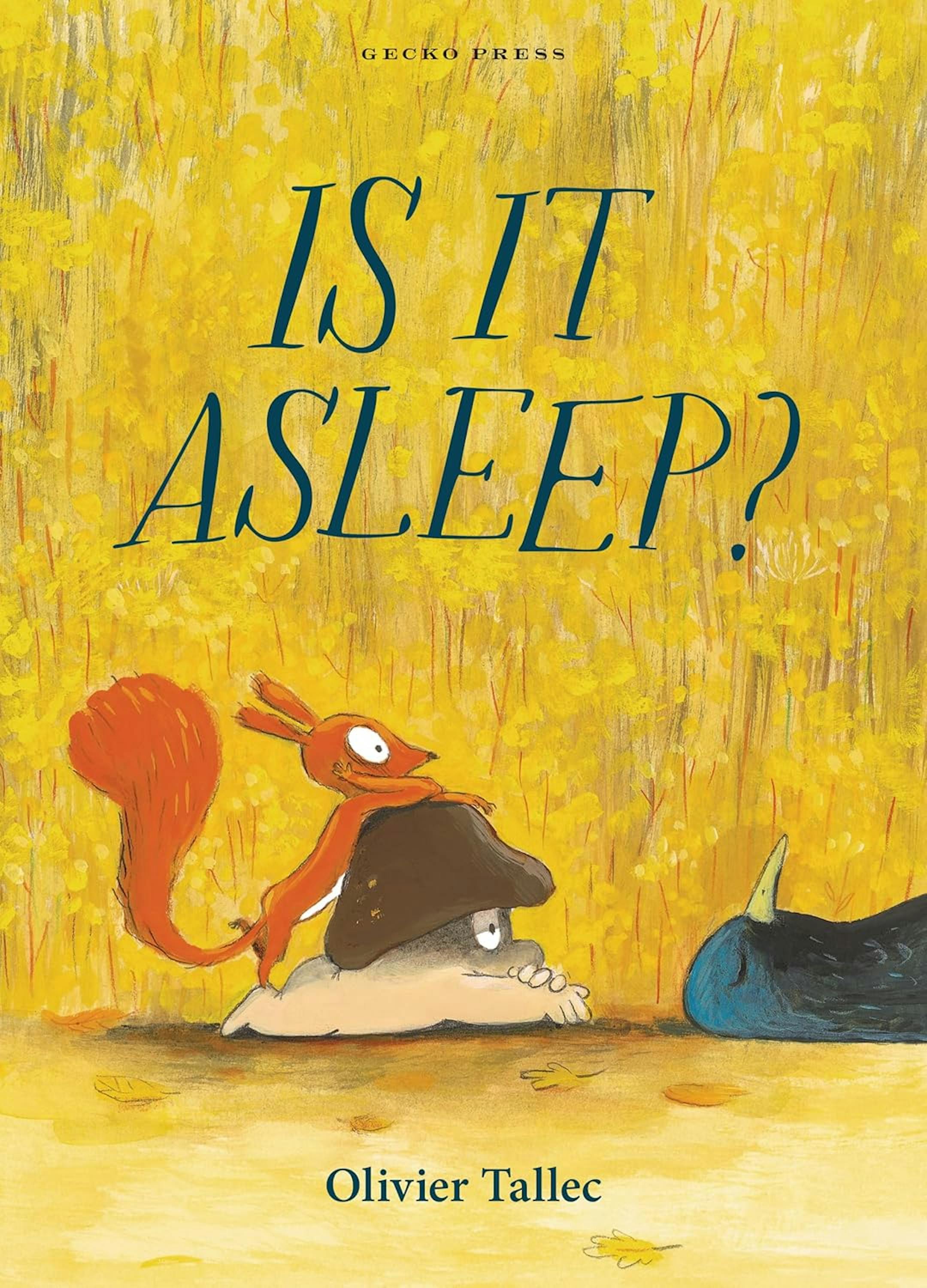 cover of Is It Asleep? is a cartoon, against a yellow backdrop, of two small creatures eyeing the snout of a sleeping, larger creature