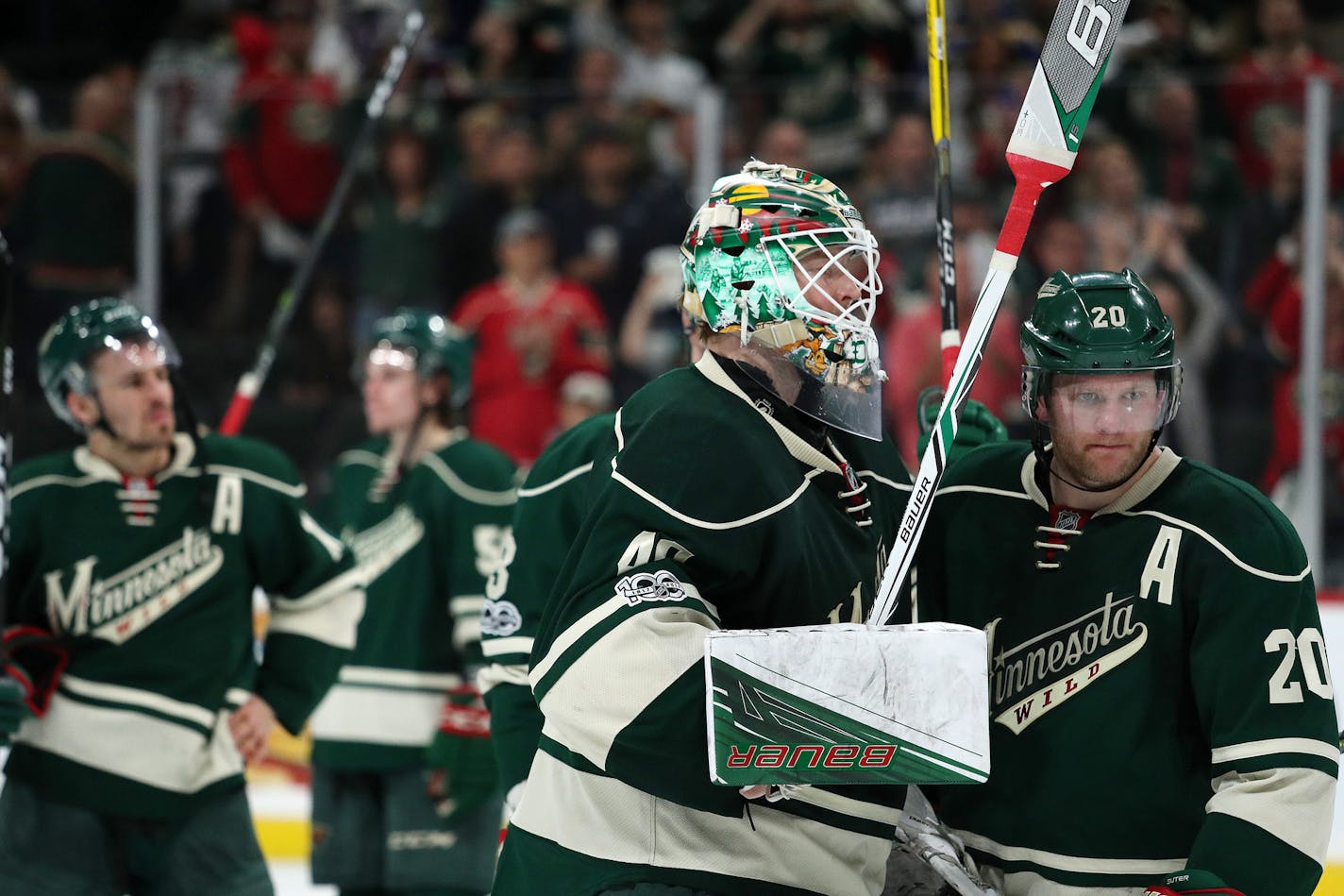 Minnesota Wild defenseman Ryan Suter (20) hugged Minnesota Wild goalie Devan Dubnyk (40) after their loss in overtime. ] ANTHONY SOUFFLE &#xef; anthony.souffle@startribune.com Game action from a National Hockey League (NHL) playoff game 5 between the Minnesota Wild and the St. Louis Blues Saturday, April 22, 2017 at the Xcel Energy Center in St. Paul, Minn.