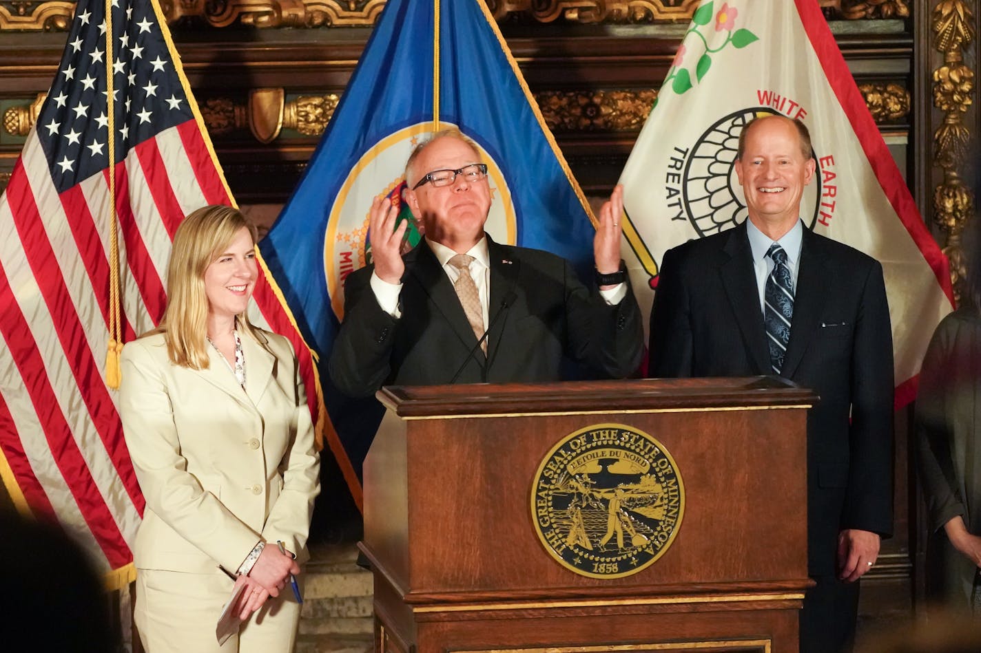 Governor Tim Walz, Senate Majority Leader Paul Gazelka and House Speaker Melissa Hortman held a news conference Sunday night to announce a budget agreement.