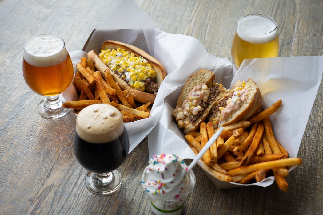 Everything is better with a friend: A wild rice brat with beer-braised onions and sweet corn dill relish pairs with maibock, the sweet corn smashie with cream ale, and vanilla soft serve with a porter.