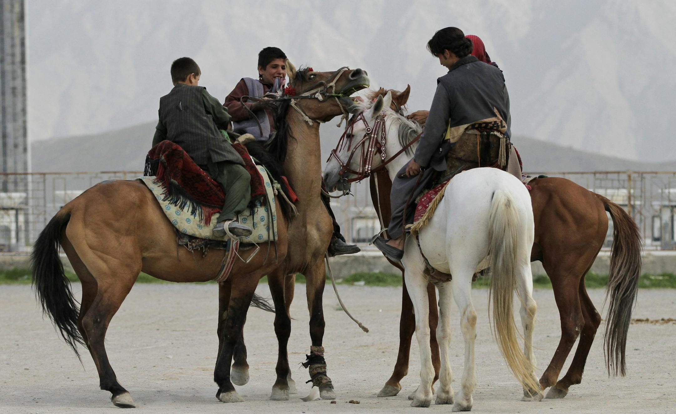 Afghan youths play with their horses on the Naderkhan hill In Kabul, Afghanistan, Tuesday, April, 30, 2013. (AP Photo/Ahmad Jamshid)
