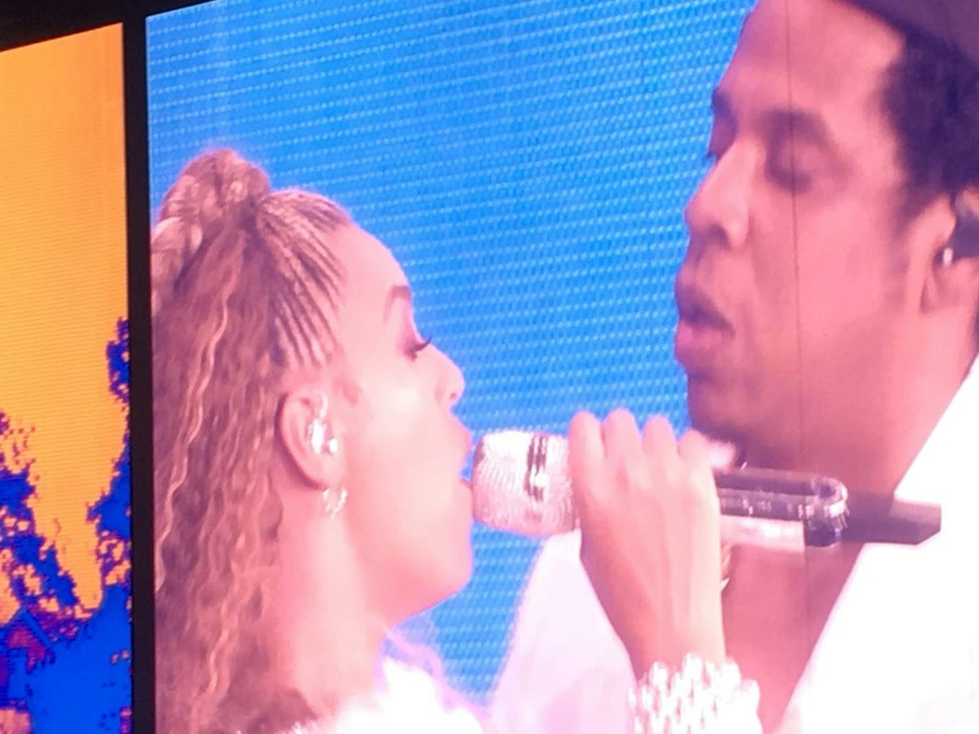 Beyonce and Jay-Z perform in concert at US Bank Stadium Wednesday evening. In this photos, their images appear on a large screen at the concert.