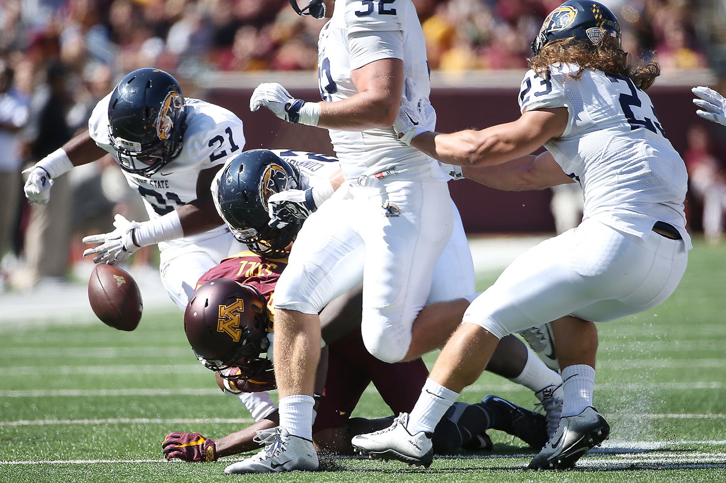 Gophers receiver Rashad Still fumbled against Kent State, and the Golden Flashes returned it for a touchdown in Minnesota's 10-7 victory on Sept. 19.