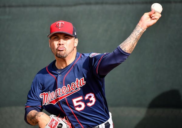 Minnesota Twins starting pitcher Hector Santiago (53) threw a pitch during workouts in the bullpen Thursday.