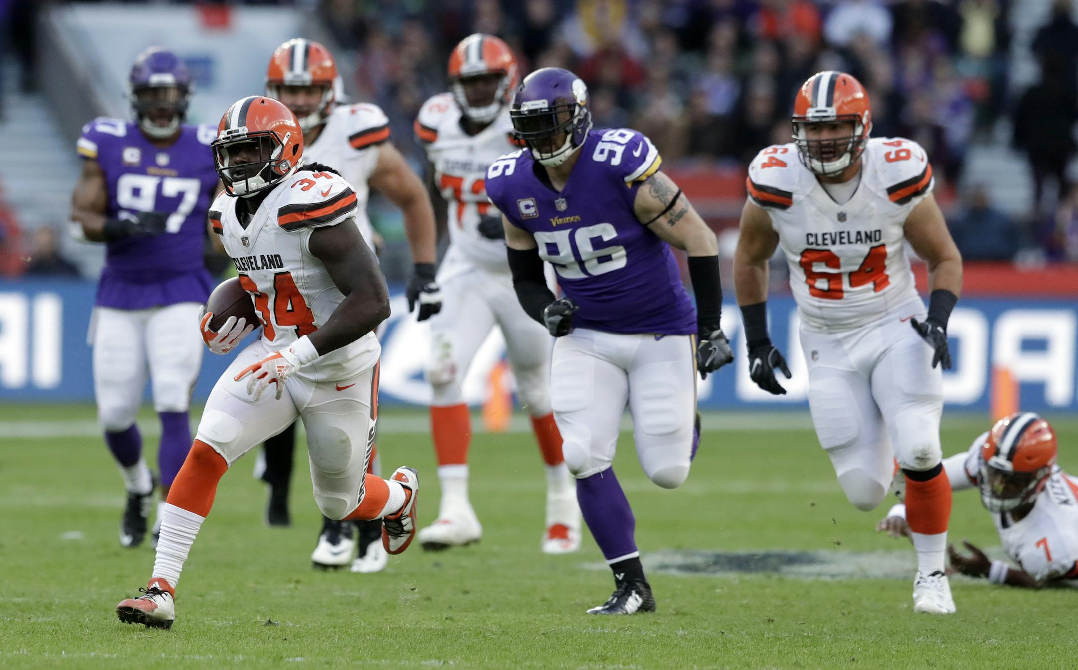 Browns running back Isaiah Crowell gave the Vikings defense trouble at Twickenham Stadium in London.