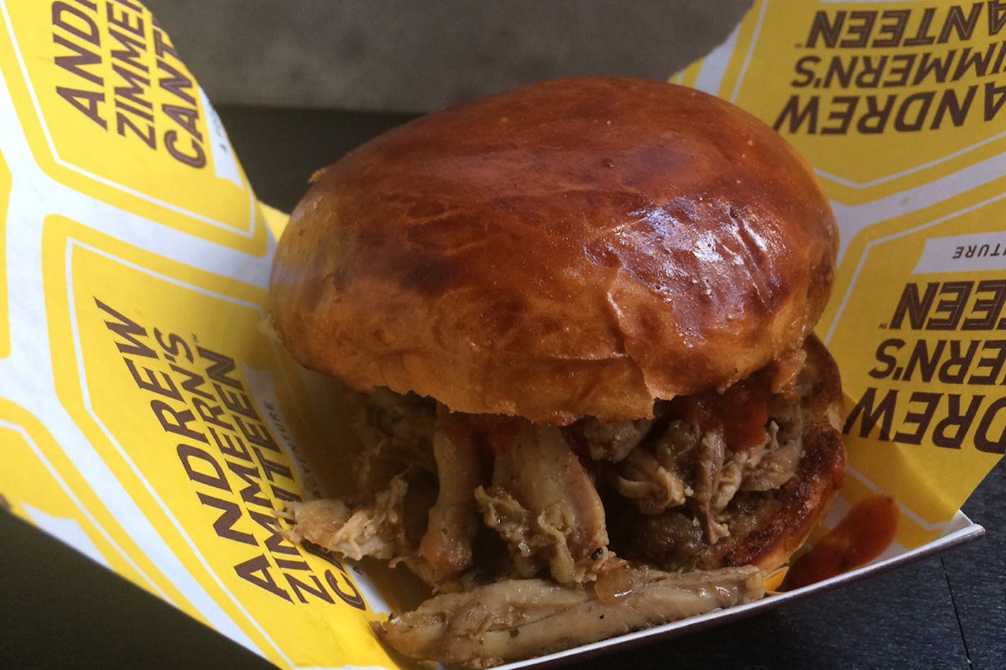 Rick Nelson, Star Tribune
The pork sandwich at Andrew Zimmern's Canteen Rotisserie at US Bank Stadium.