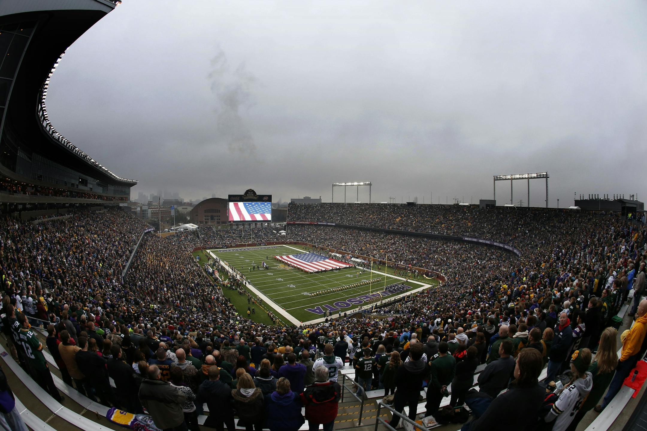 The national anthem at TCF Bank Stadium before the start of Sunday's game between the Minnesota Vikings and Green Bay Packers. In 2016, the Vikings will move into a new stadium.