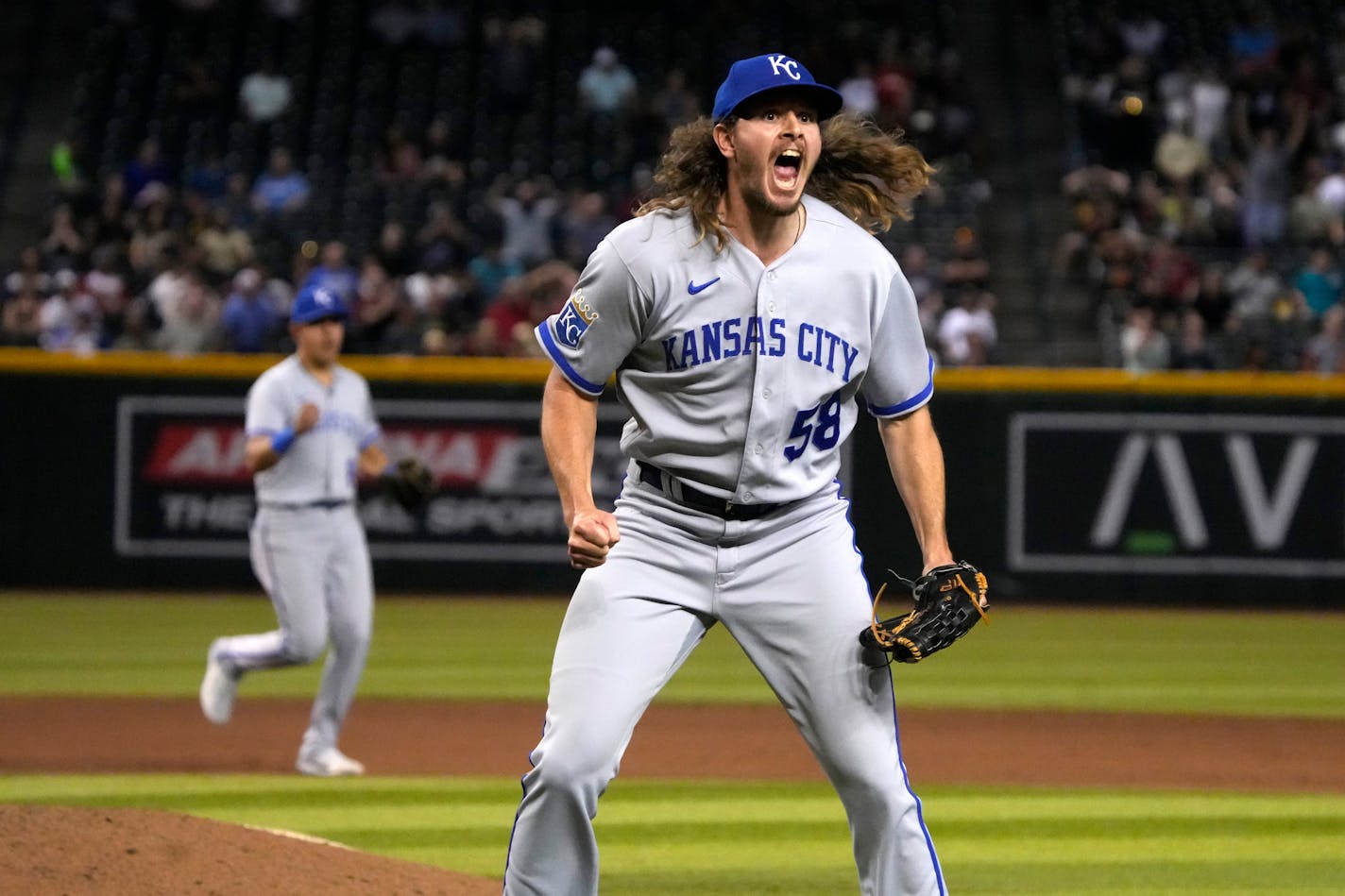 Kansas City Royals pitcher Scott Barlow reacts to the team's 5-4 win over the Arizona Diamondbacks during a baseball game Tuesday, April 25, 2023, in Phoenix. (AP Photo/Rick Scuteri)